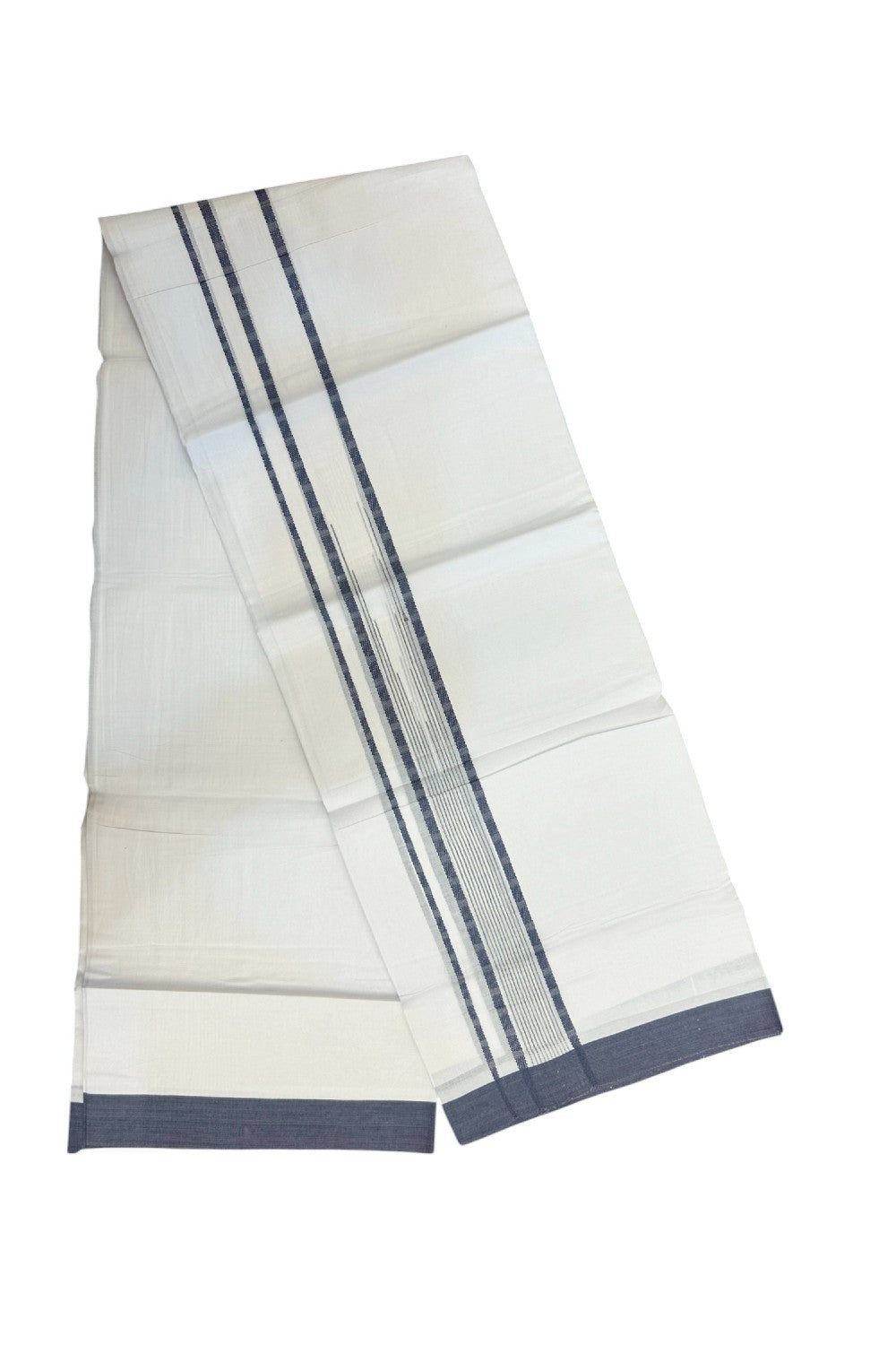 20% DISCOUNT! KaithariKada Balaramapuram DOUBLE PURE WHITE 100% Cotton Mundu/Dhoti - 100x80 - 1.5 inch Dark Blue Putta Design Chutty Kara - 18KK5174THI