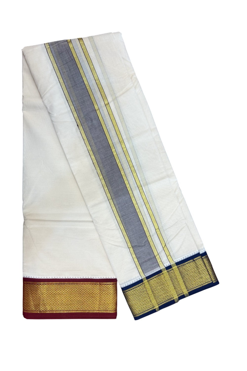 20% DISCOUNT! KaithariKada 100% Cotton Off White - (Unbleached) 100x100 thread - NORTH INDIAN- ATTACHED GAMCHA 9X5 Dhoti 2.5 inch Dark Brown kara with Navy Blue & Maroon Kasavu border - 18KK5196PMC