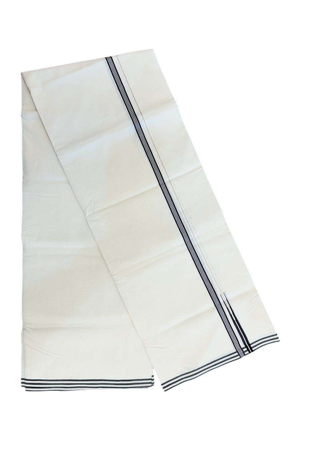 20% DISCOUNT ! KaithariKada Balaramapuram 100% COTTON SINGLE OFF WHITE (Unbleached) Mundu/Dhoti-Twisted 100s Thread- 0.5inch Puliyilakkara Silver Kasavu & Black Striped Chutty Kara  (2 meter / 4 muzham)- 18KK5203ASH