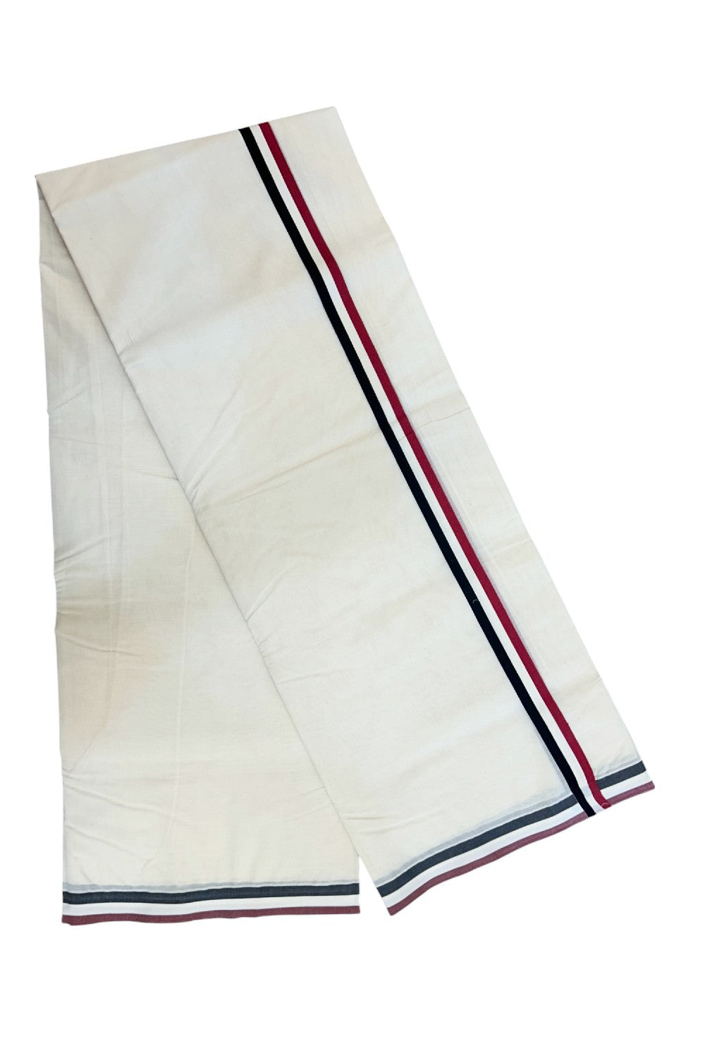 ADMK VESHTI - 20% DISCOUNT! KaithariKada 100% Cotton off white Double - (Unbleached) Mundu/Dhoti - 100X100 - 1 inch Black White & Maroon Red kara - 18KK5226 ASH