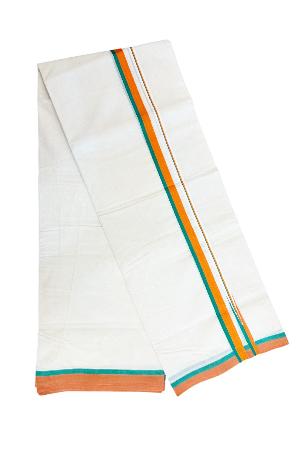 BJP VESHTI - 20% DISCOUNT! KaithariKada 100% Cotton off white Double - (Unbleached) Mundu/Dhoti - 100X80 - 0.75 inch Puliyilakkara Orange & Green Chutty Kara - 4mtr (8.5 muzham) - 18KK5238 ASH