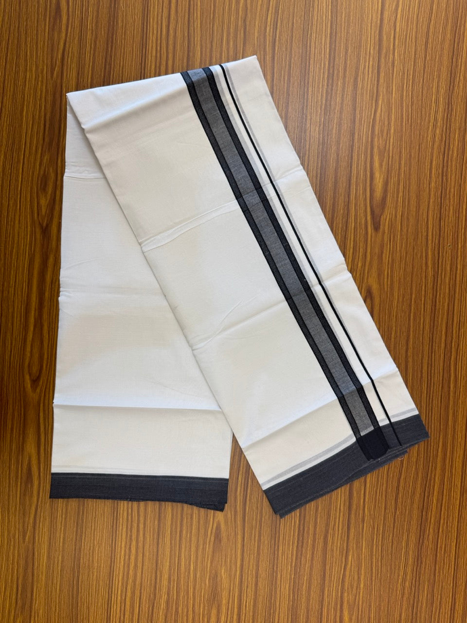 Short Dhoti Special - 28% Discount ! KaithariKada 100% Cotton Pure White Double Mundu / Dhoti - 100x80 - 45 inch Height 3.80 m Length  1.5 inch black kara - 18 KK5258 THI