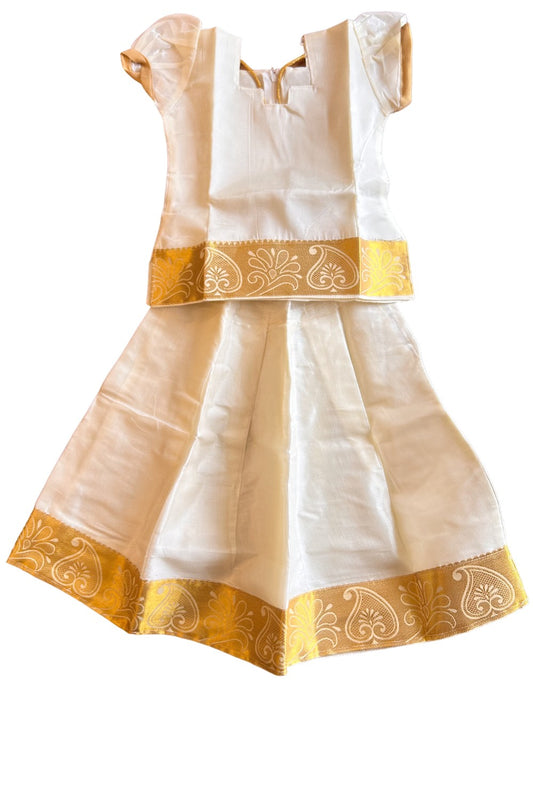 Midukki-Traditional South Indian Kids Pattu Pavada-  Offwhite top offwhite skirt with kasavu - Age 3 - KK3MID0018