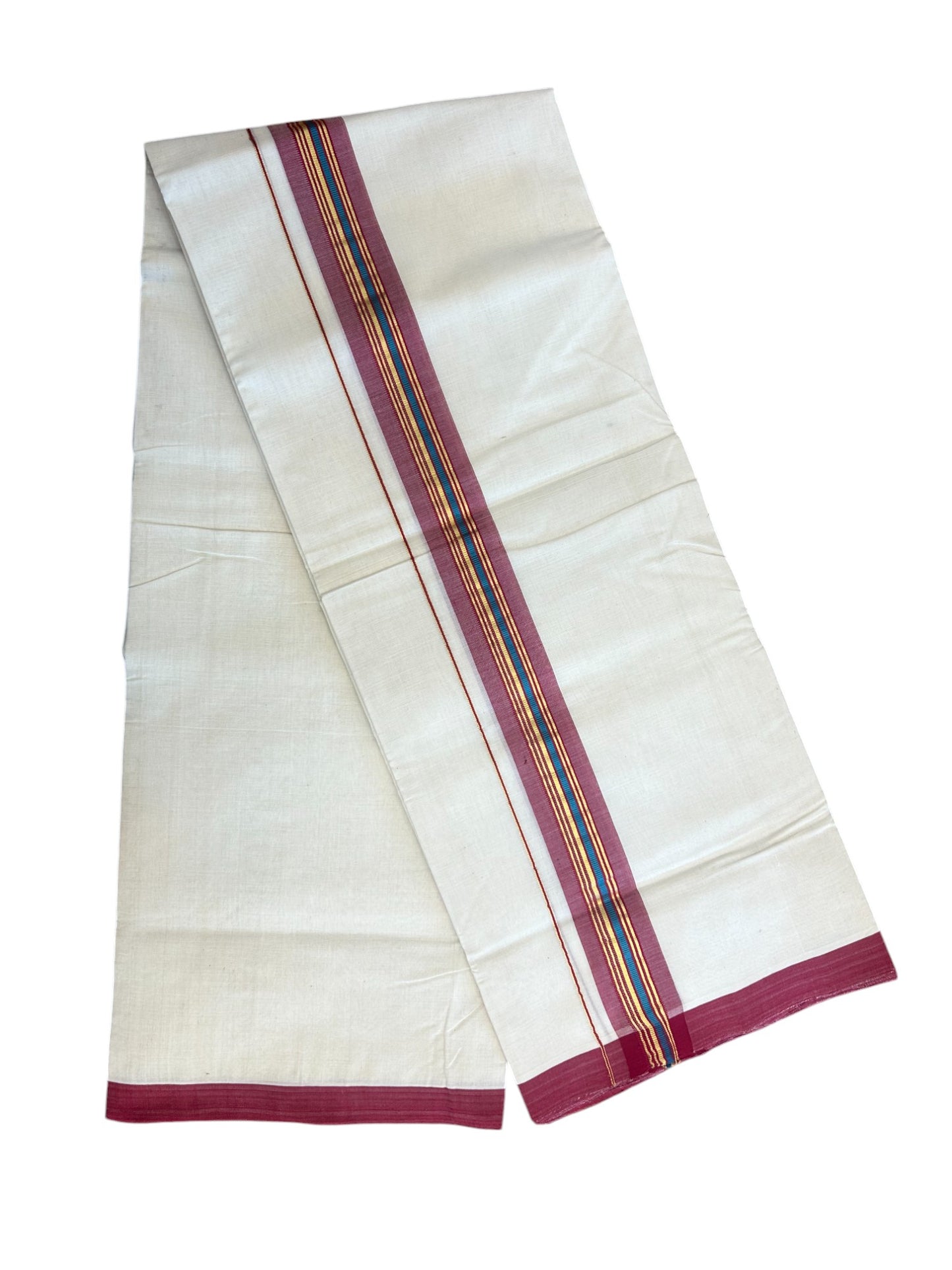 31% DISCOUNT!! KaithariKada HANDLOOM Millpaav Balaramapuram - 100% PURE Cotton OFF White Double - (Unbleached) Mundu/Dothi - 1.75 Inch Gold Peacock Blue Kasav Red kara - 18kk5153RAM