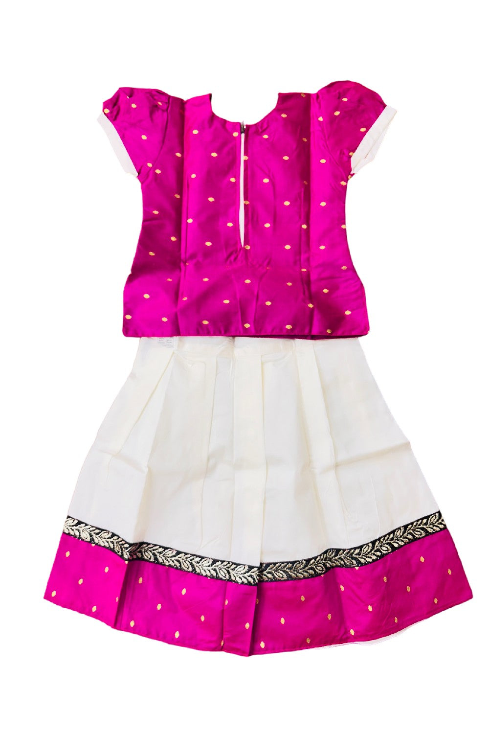 Midukki-Traditional South Indian Kids Pattu Pavada- Pink top offwhite skirt with leaf border design- Age 2 - KK2MID0018