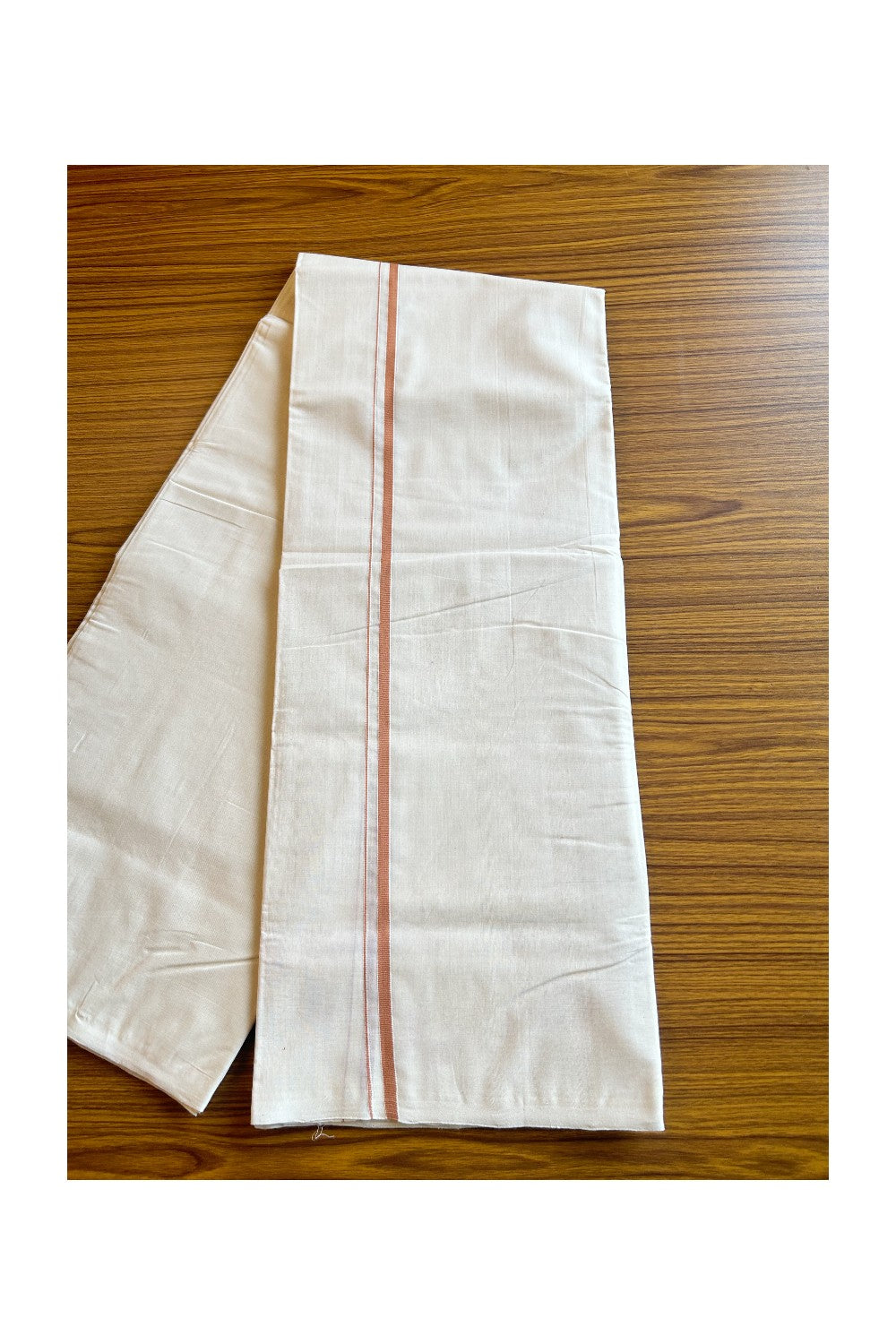 25% DISCOUNT!! KaithariKada HANDLOOM Millpaav Balaramapuram - 100% PURE Cotton OFF White - (Unbleached) Double Mundu/Dothi - 1.5 cm Peanut brown thin kara  - 18KK462RAM