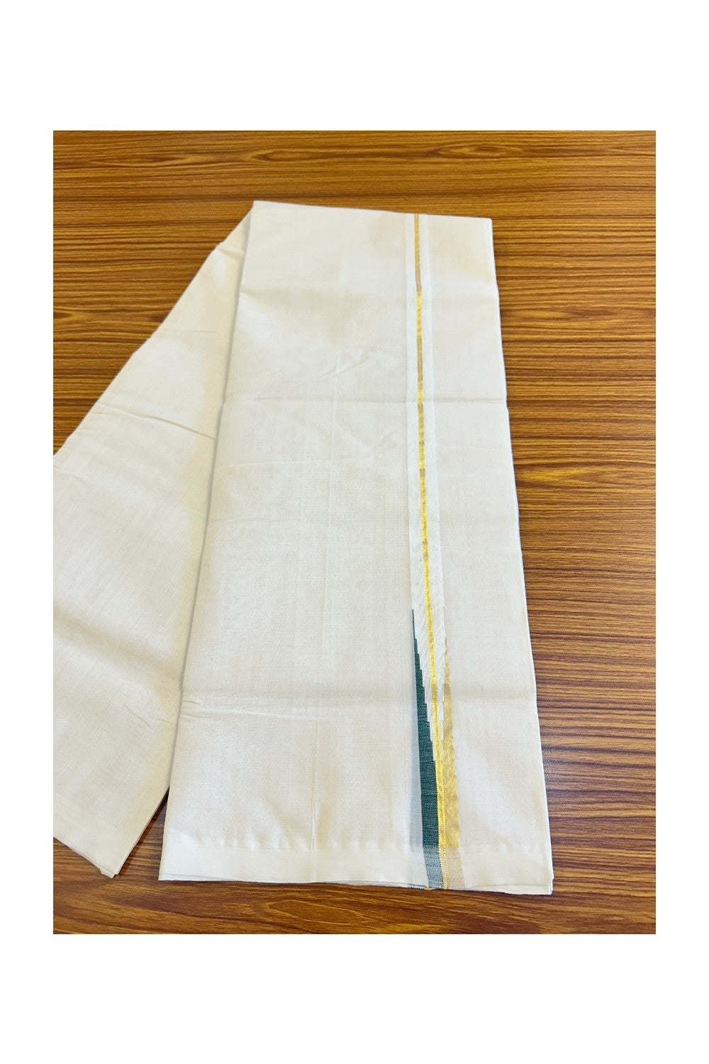 30% DISCOUNT!! KaithariKada HANDLOOM Millpaav Balaramapuram - 100% PURE Cotton OFF White - (Unbleached) Double Mundu/Dothi - 2 cm puliyilakkara Kasavu & Dark green chutty - 18KK476RAM