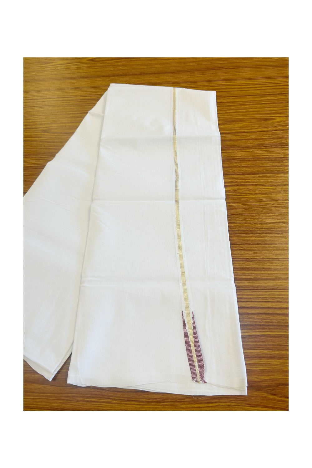 20% DISCOUNT!! KaithariKada Balaramapuram 100% Cotton PURE WHITE Double Mundu/Dhoti-100x100  1.5 cm  Puliyilakkara kasavu 4 line Maroon striped chutty - 18KK481ASH