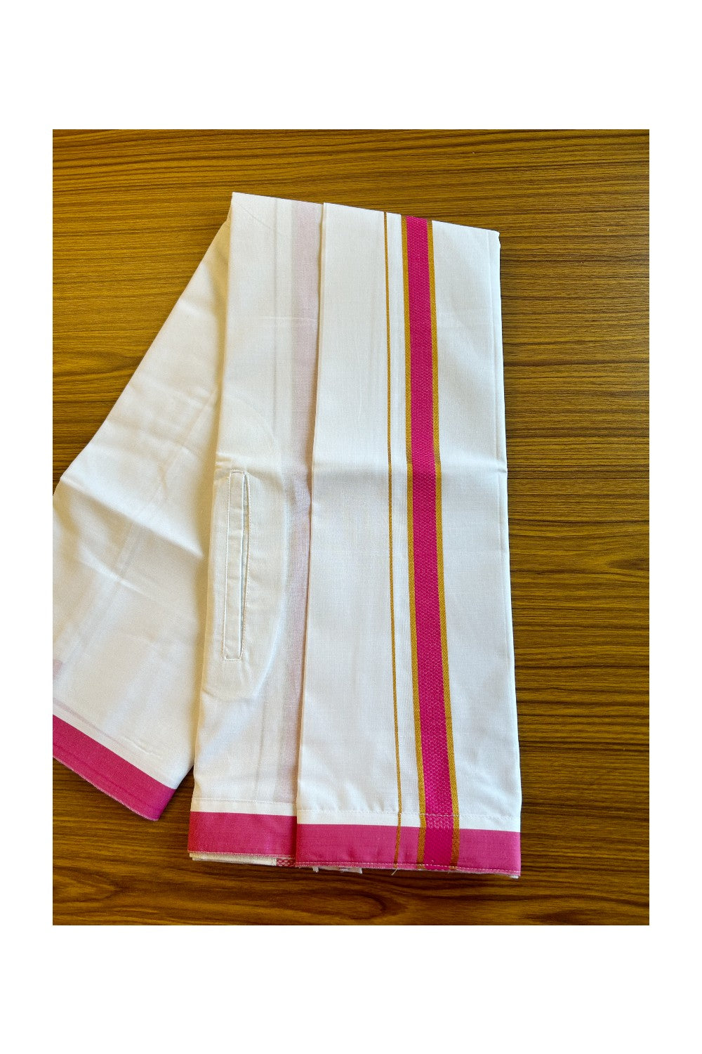 KaithariKada Balaramapuram COTTON SINGLE PURE WHITE VELCRO Mundu/Dhoti - 1.75inch Dark Pink & Kasavu kara (2 metre / 4 muzham)- 18KK485SRI