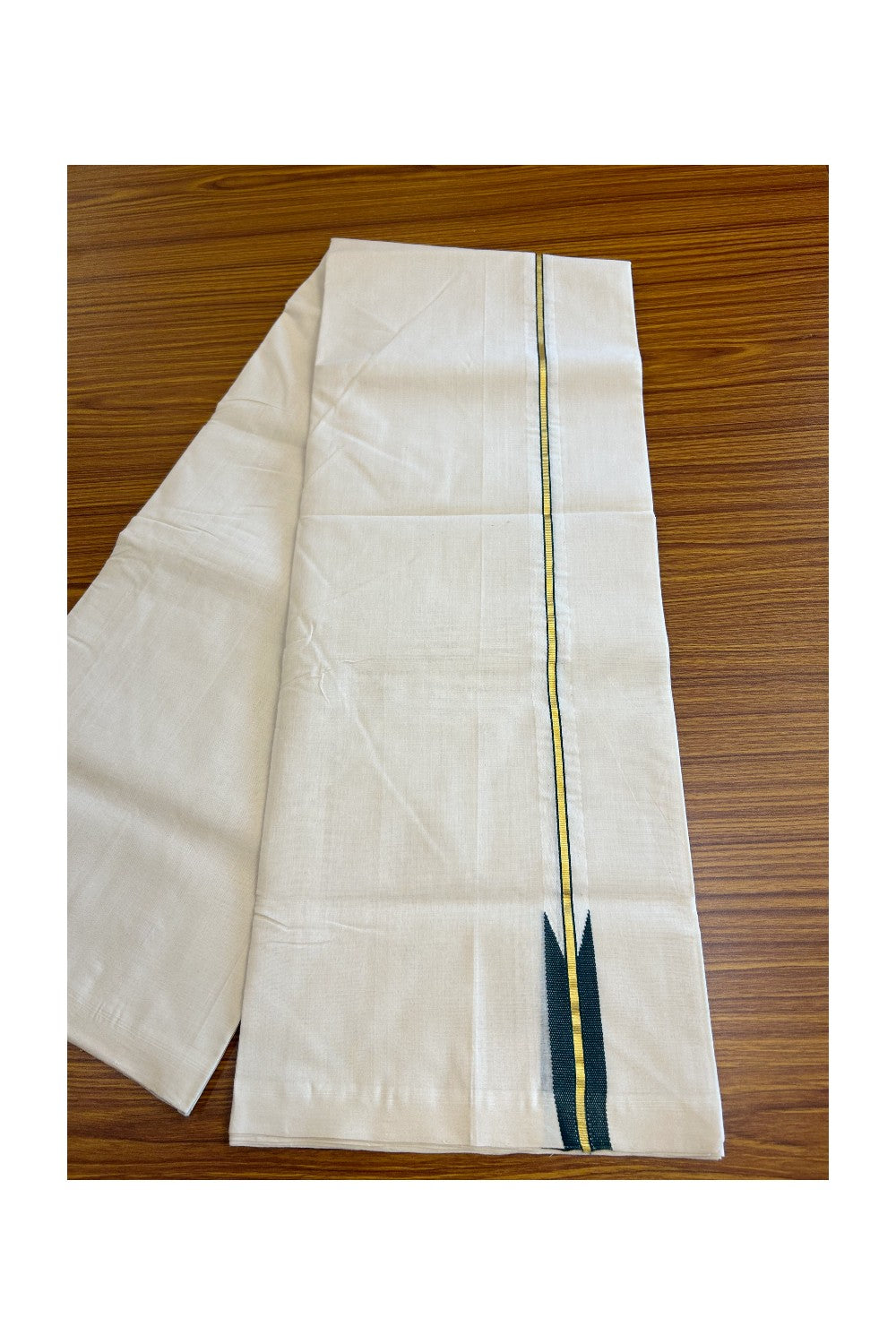 30% DISCOUNT!! KaithariKada HANDLOOM UNAKKUPAAV Balaramapuram - 100% PURE Cotton OFF White - (Unbleached) Double Mundu/Dothi - 1 inch Puliyilakkara Kasavu Green chutty - 18KK5011RAM