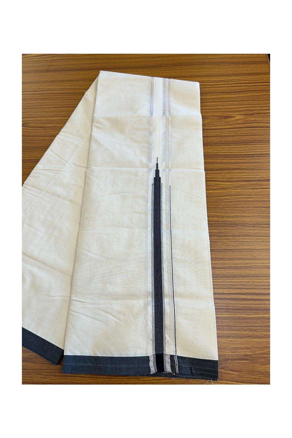 SHORT DHOTI SPECIAL! Kaitharikada.com - 21% Discount !! KaithariKada Balaramapuram 100% Cotton Double Off White - (Unbleached) Mundu/Dhoti-100x100 - 1.25 inch Kara & 46 inches Height Heavy Chutty Black & Silver Kasavu Kara - 5KK5142ASH