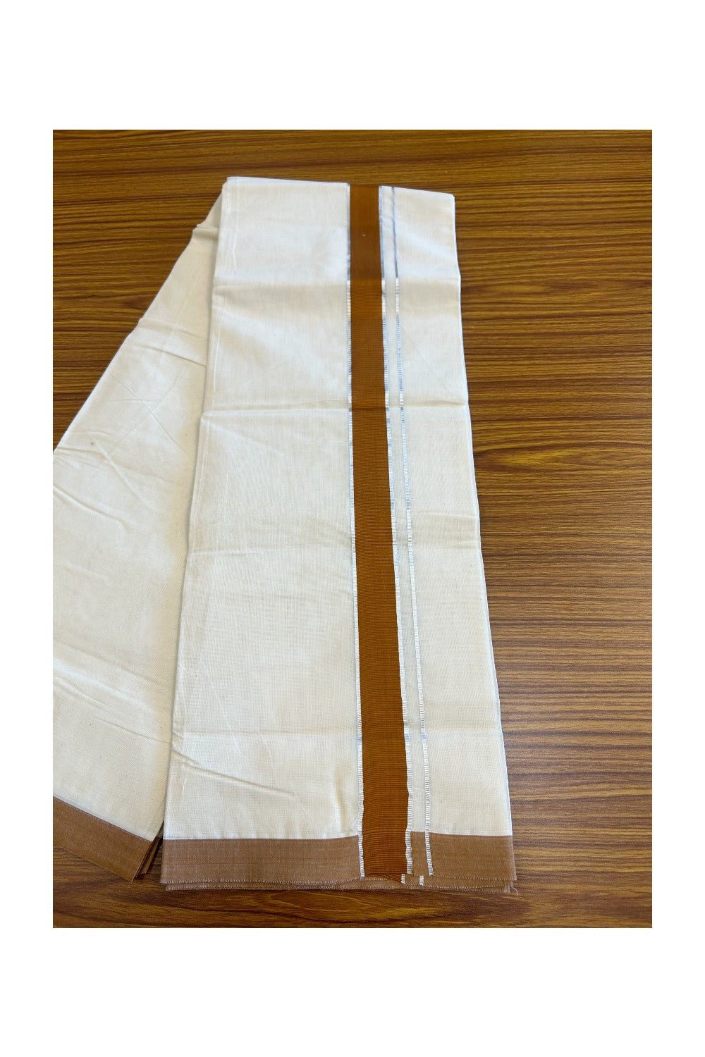 20% Discount KaithariKada Balaramapuram 100% Cotton Double Off white - (Unbleached) - Mundu/Dhoti - 100x80 - 1.75 inch  Silver Kasavu &  Brown Kara (8 Muzham) - 115