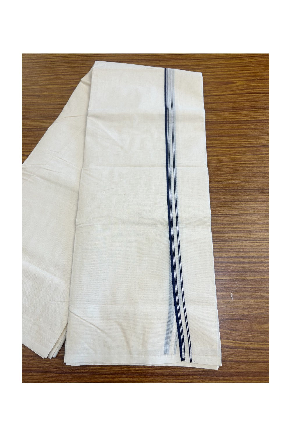 33% DISCOUNT ! KaithariKada Balaramapuram 100% Cotton Double Off white (Unbleached) Mundu/Dhoti-100X100 - NAVY BLUE & STRIPES 2.cm Kara 4 mtr - ASH016.
