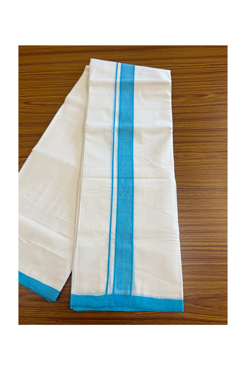 10% DISCOUNT! KaithariKada Balaramapuram  HANDLOOM 100% Cotton Double Off white - (Unbleached) Mundu/Dhoti-100X100- 2  inch SKY BLUE  Kara-60.