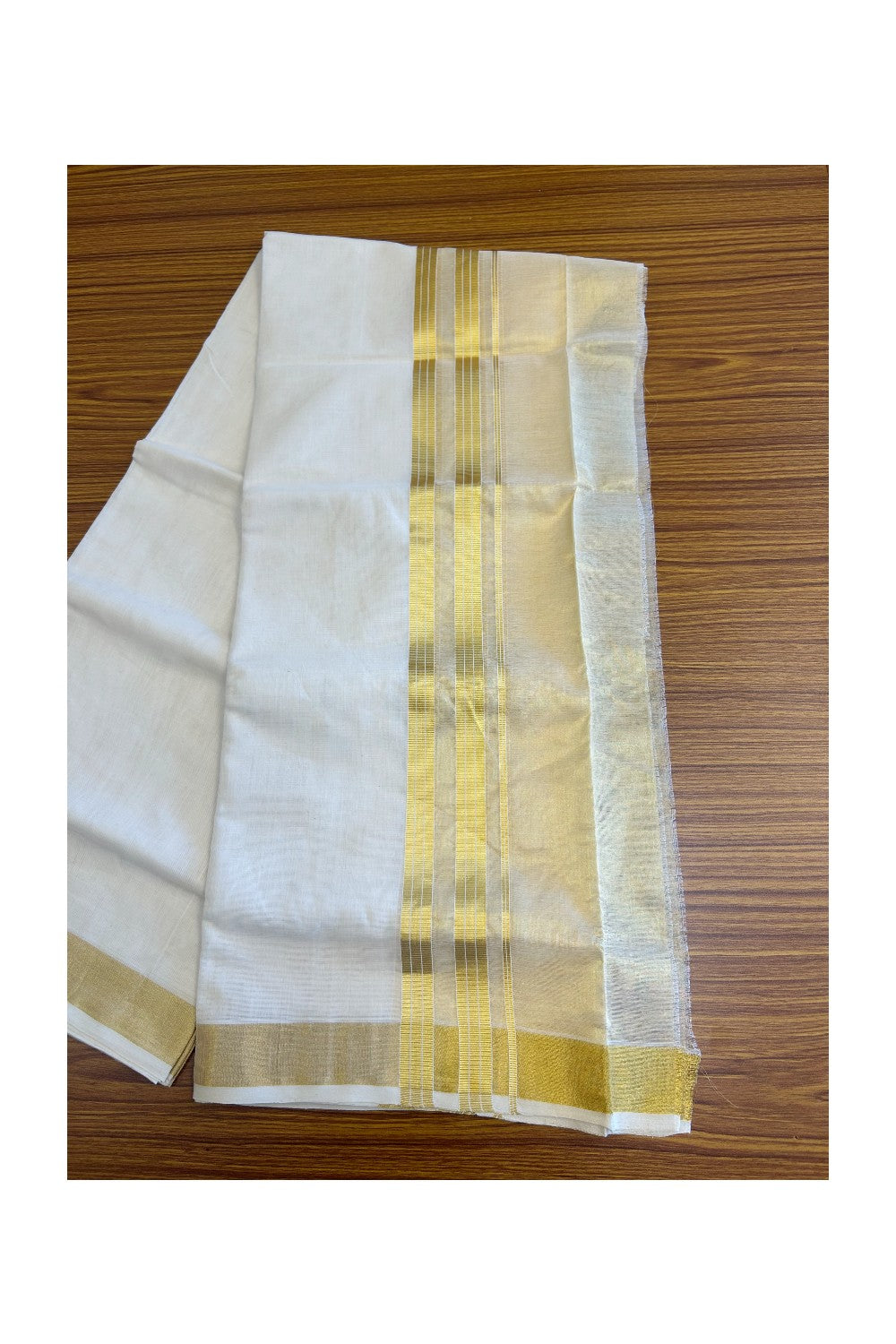 30% DISCOUNT! KaithariKada HANDLOOM Millpaav Balaramapuram - 100% PURE Cotton Off White (Unbleached) -  Double Mundu/Dhoti - Gold Kasavu 7 inch Kara Stripes & Tissue- KAIHM004