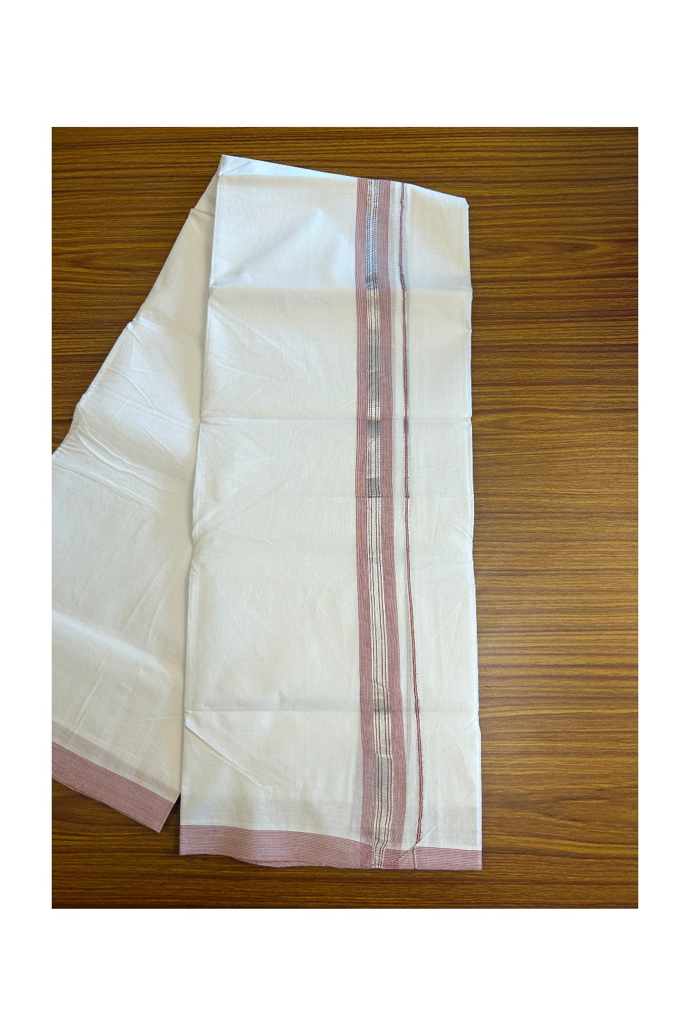 30% Discount KaithariKada HANDLOOM Unakkupaav Balaramapuram - 100% PURE Cotton PURE WHITE - 100x100 Double Mundu/Dhoti - 1.25 inch Light Red & Silver Kasavu Shaded Kara - 18KK5129YAR
