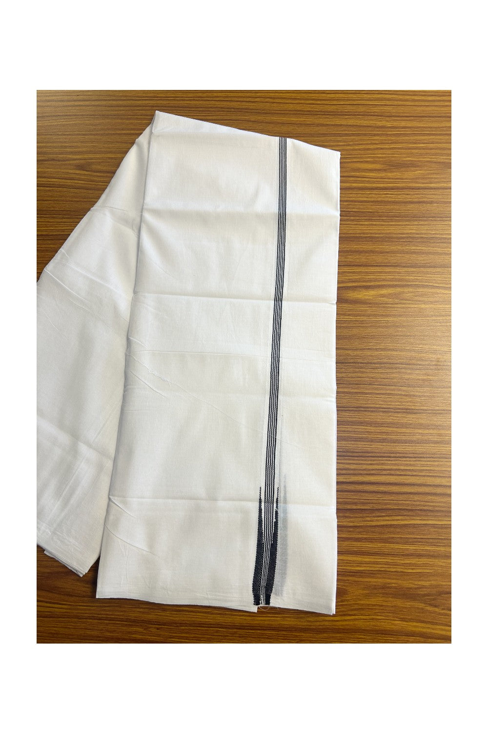 SHORT DHOTI SPECIAL! Kaitharikada.com - 20% DISCOUNT ! KaithariKada Balaramapuram 100%  COTTON DOUBLE PURE WHITE Mundu/Dhoti-100X100- 0.75 Inch Kara & 46 inches Height Puliyilakkara Black Striped Chutty  - 15KK5146ASH