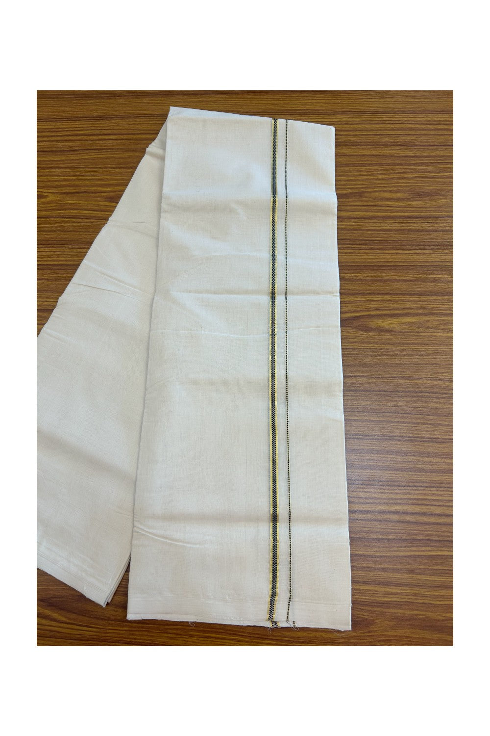 27% DISCOUNT! KaithariKada BALARAMAPURAM HANDLOOM UNAKKUPAAV - 100% PURE Cotton Off white (Unbleached) Double Mundu/Dhoti - 0.25 inch Gold Kasavu & Muthukkuri Deep Blue Kara (8 Muzham) - 6KK5161SOM