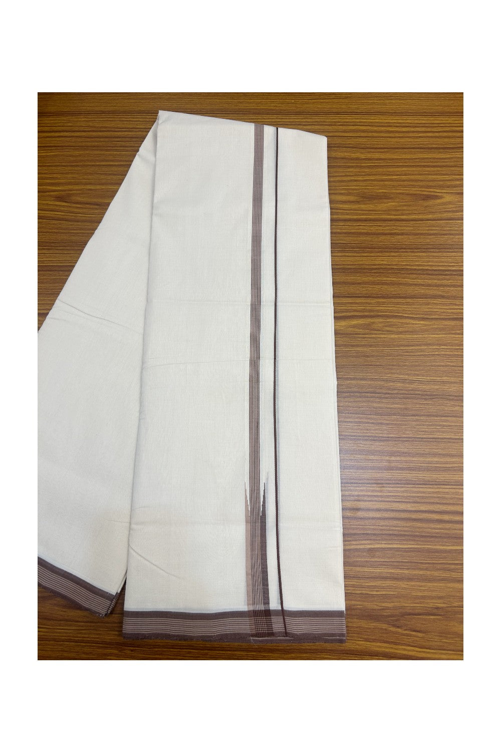 25% DISCOUNT!! KaithariKada HANDLOOM  UNAKKUPAAV Balaramapuram - 100% PURE Cotton OFF White - (Unbleached) Double Mundu/Dothi - 100x100 - Puliyilakkara 2 cm Brown & sand brown striped chutty 3.80 meter (8.5 Muzham) - 11KK5167REA