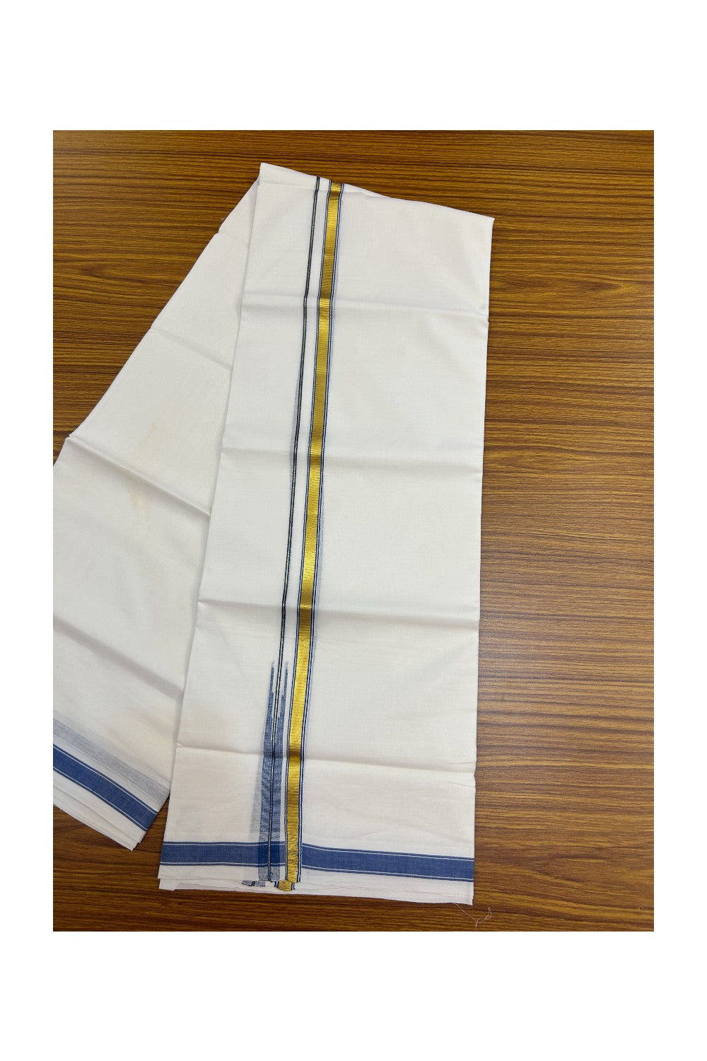 20% DISCOUNT!! KaithariKada Balaramapuram 100% Cotton PURE WHITE Double Mundu/Dhoti-100x80 - 0.5 inch Blue Kasav Chutty Kara - 18KK5191CKS