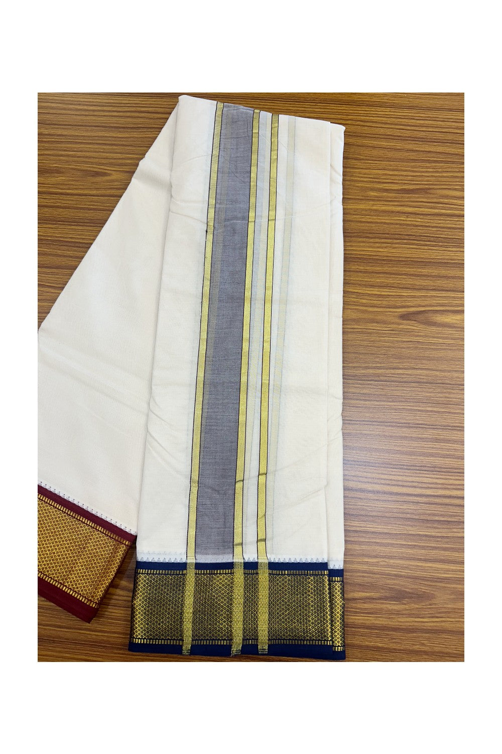 20% DISCOUNT! KaithariKada 100% Cotton Off White - (Unbleached) 100x100 thread - NORTH INDIAN- ATTACHED GAMCHA 9X5 Dhoti 2.5 inch Dark Brown kara with Navy Blue & Maroon Kasavu border - 18KK5196PMC