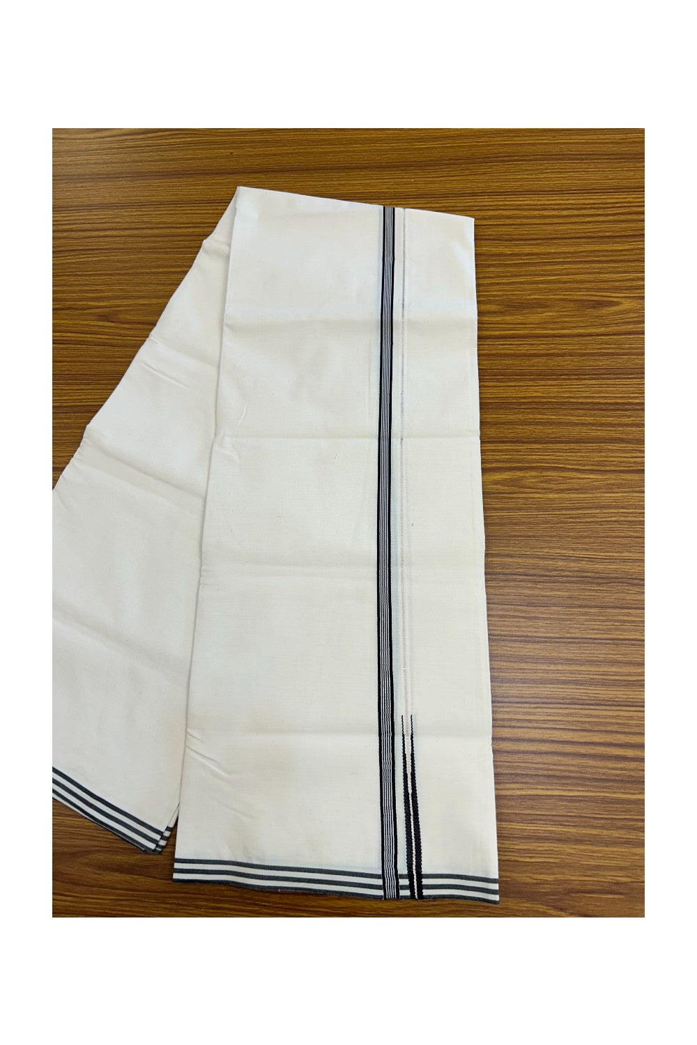 20% DISCOUNT ! KaithariKada Balaramapuram 100% COTTON SINGLE OFF WHITE (Unbleached) Mundu/Dhoti-Twisted 100s Thread- 0.5inch Puliyilakkara Silver Kasavu & Black Striped Chutty Kara  (2 meter / 4 muzham)- 18KK5203ASH