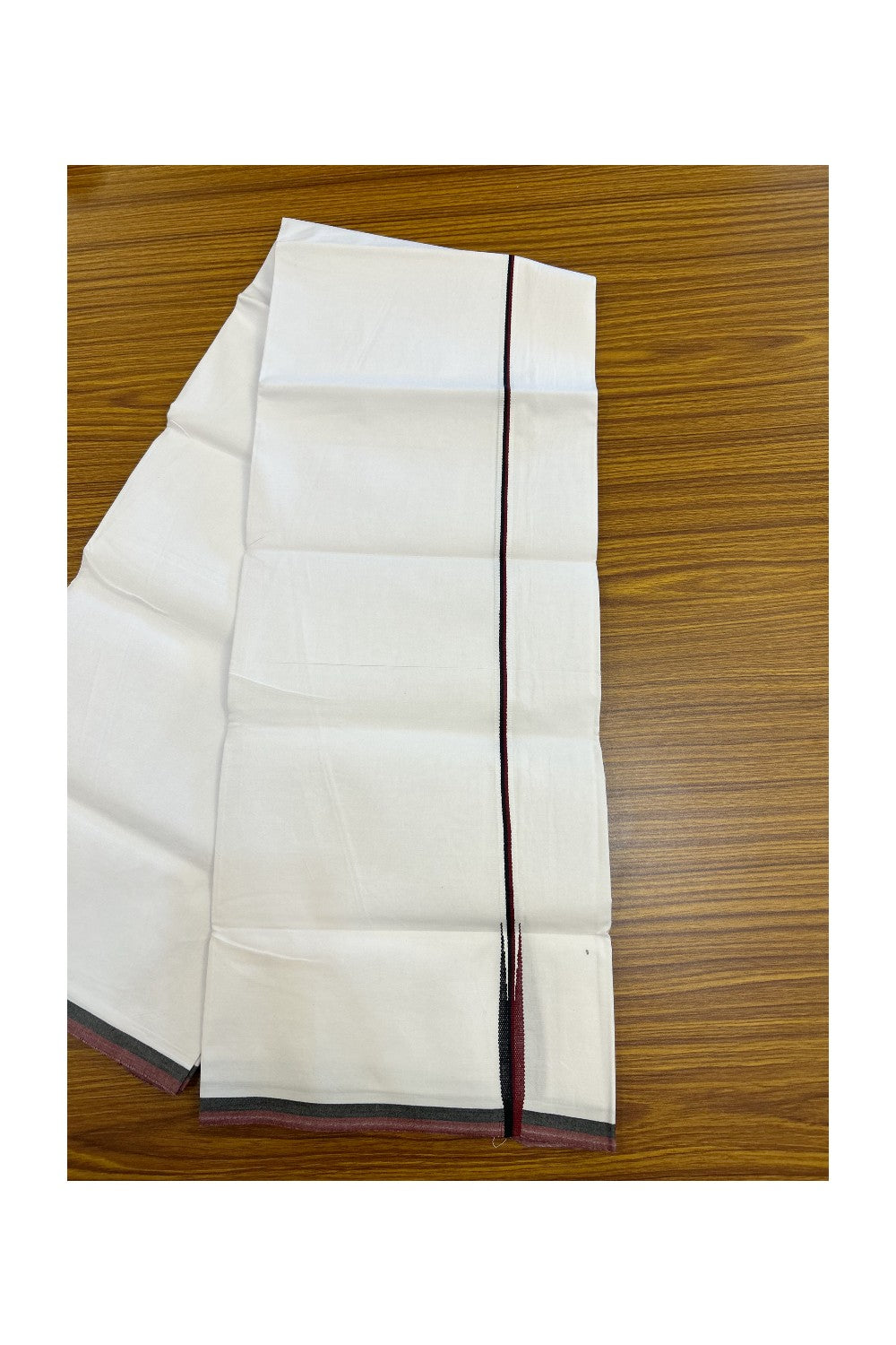 DMK Veshti - 20% Discount !! KaithariKada Balaramapuram PURE WHITE SINGLE Mundu/Dhoti - 100X100 - Puliyilakkara 0.25 inch Maroon & Black Thin Chutty Kara (2 meter / 4 muzham) - 17KK5224 ASH