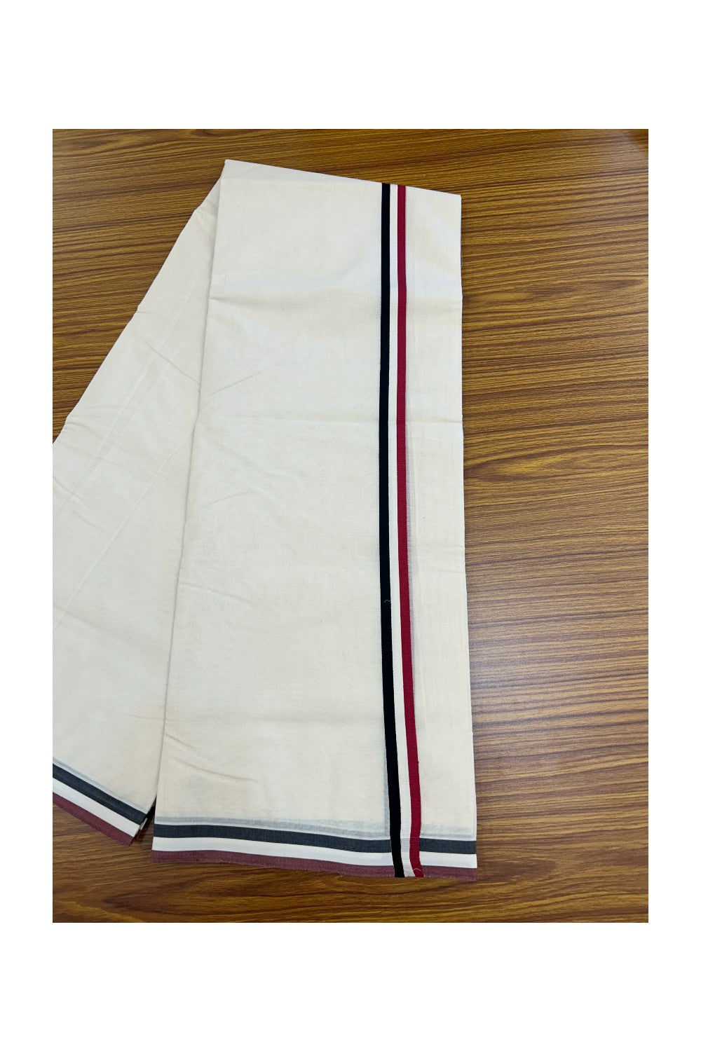 ADMK VESHTI - 20% DISCOUNT! KaithariKada 100% Cotton off white Double - (Unbleached) Mundu/Dhoti - 100X100 - 1 inch Black White & Maroon Red kara - 18KK5226 ASH