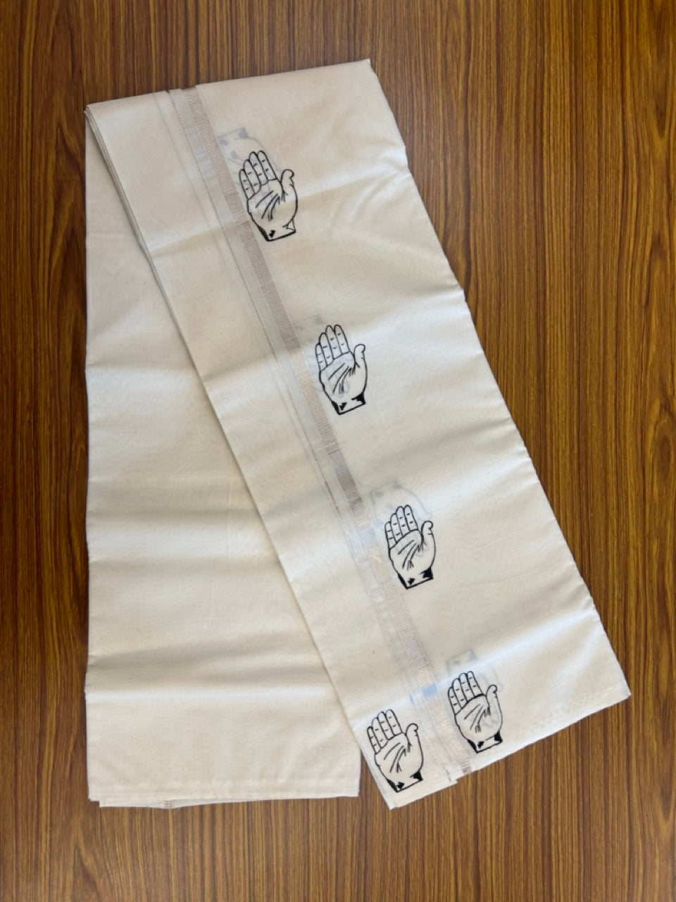 Congress Veshti - KaithariKada Balaramapuram 100% Cotton Double Off white - (Unbleached) Mundu/Dhoti-100x80 - 0.5 inch Hand Painted Silver Kasav & Kaipathi Design Kara 3.80 mtr (8 muzham) - 19 KK5244 ASH