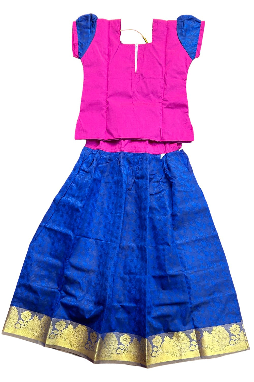 Midukki-Traditional South Indian Kids Pattu Pavada- Magenta top dark blue skirt with emboss work- Age 11 - KK11MID0018