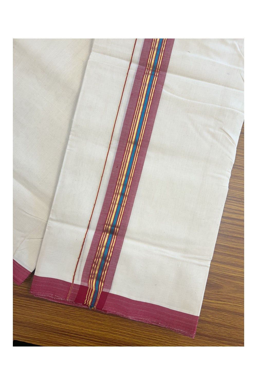 31% DISCOUNT!! KaithariKada HANDLOOM Millpaav Balaramapuram - 100% PURE Cotton OFF White Double - (Unbleached) Mundu/Dothi - 1.75 Inch Gold Peacock Blue Kasav Red kara - 18kk5153RAM