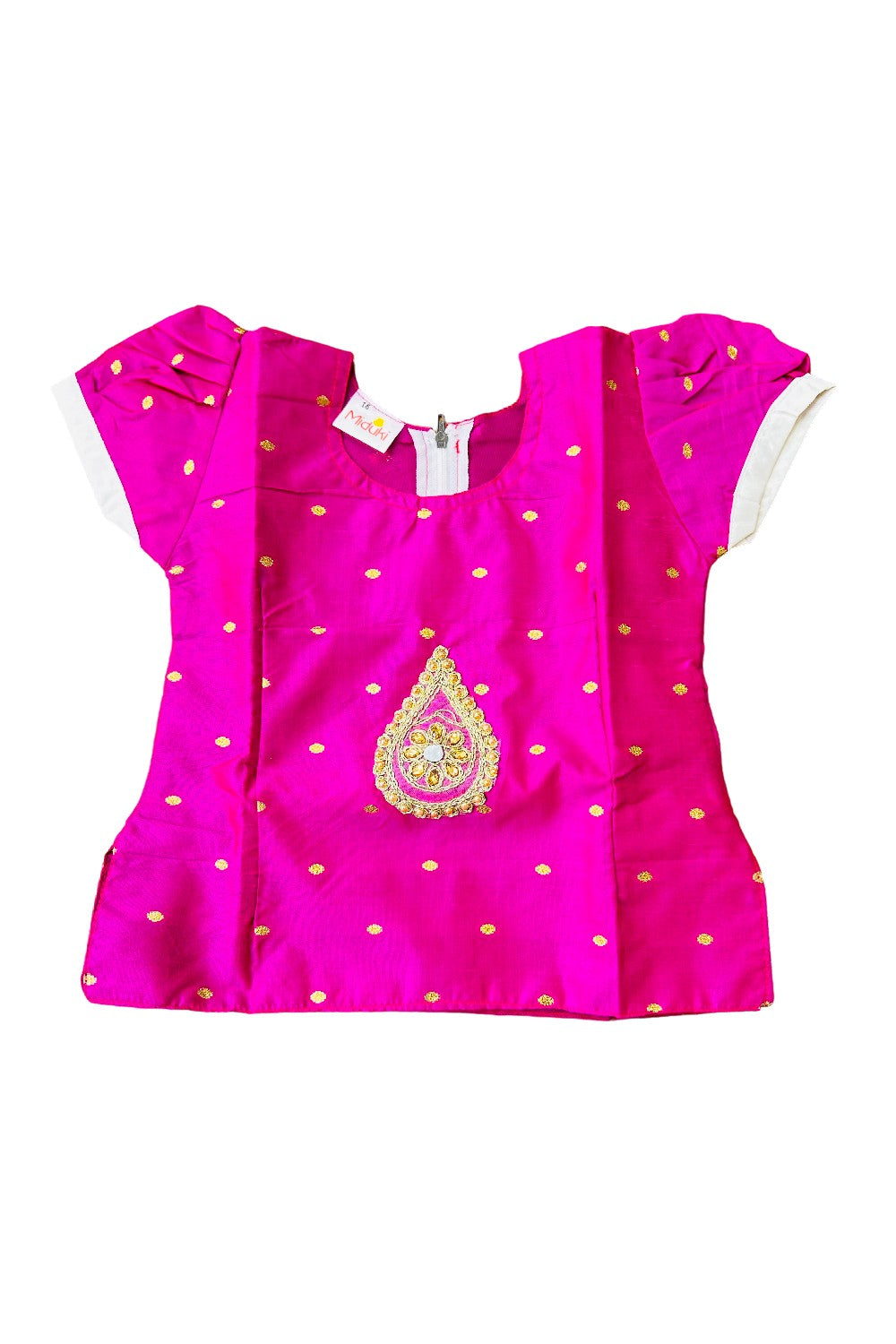 Midukki-Traditional South Indian Kids Pattu Pavada- Pink top offwhite skirt with leaf border design- Age 2 - KK2MID0018
