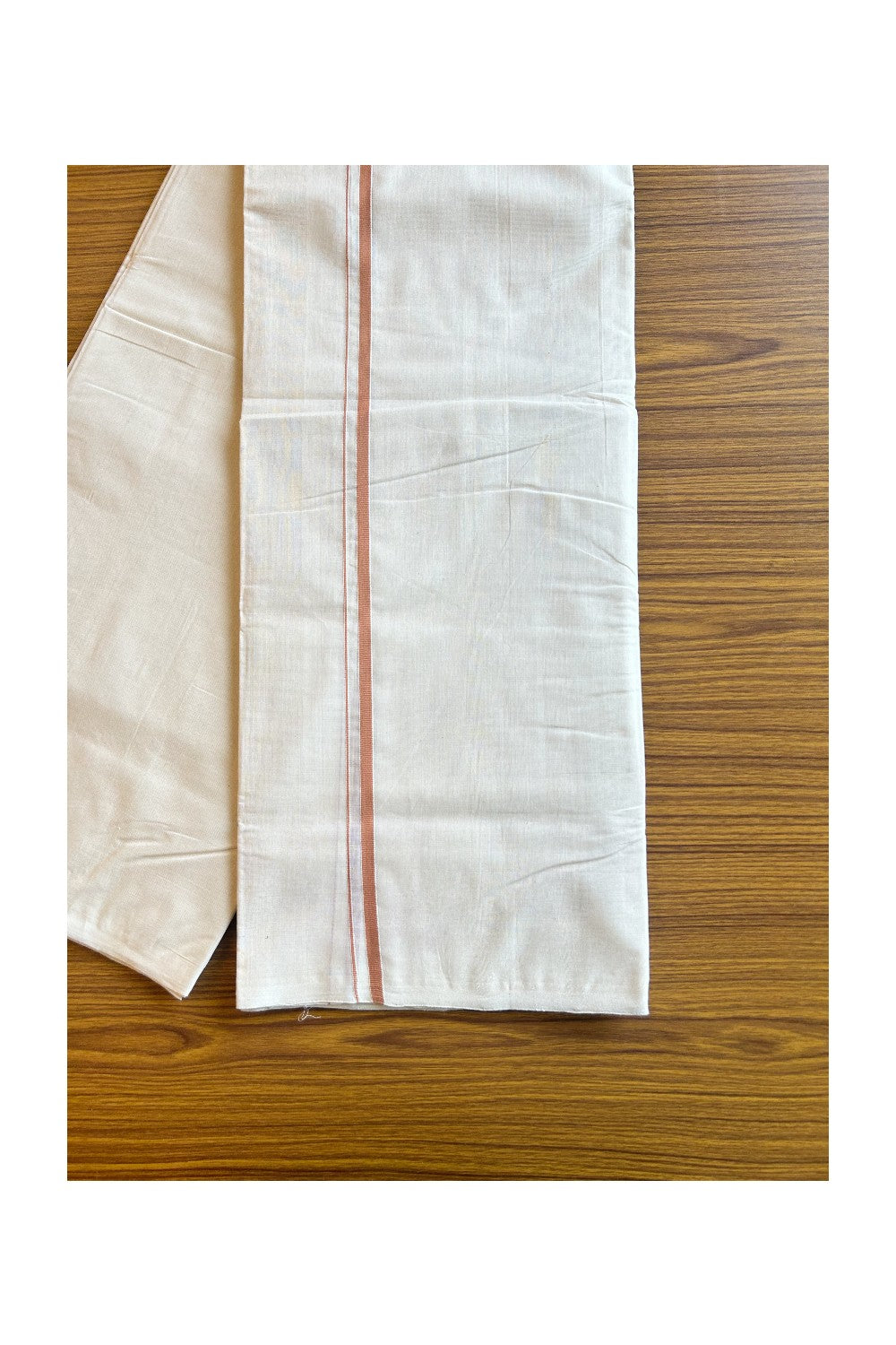 25% DISCOUNT!! KaithariKada HANDLOOM Millpaav Balaramapuram - 100% PURE Cotton OFF White - (Unbleached) Double Mundu/Dothi - 1.5 cm Peanut brown thin kara  - 18KK462RAM