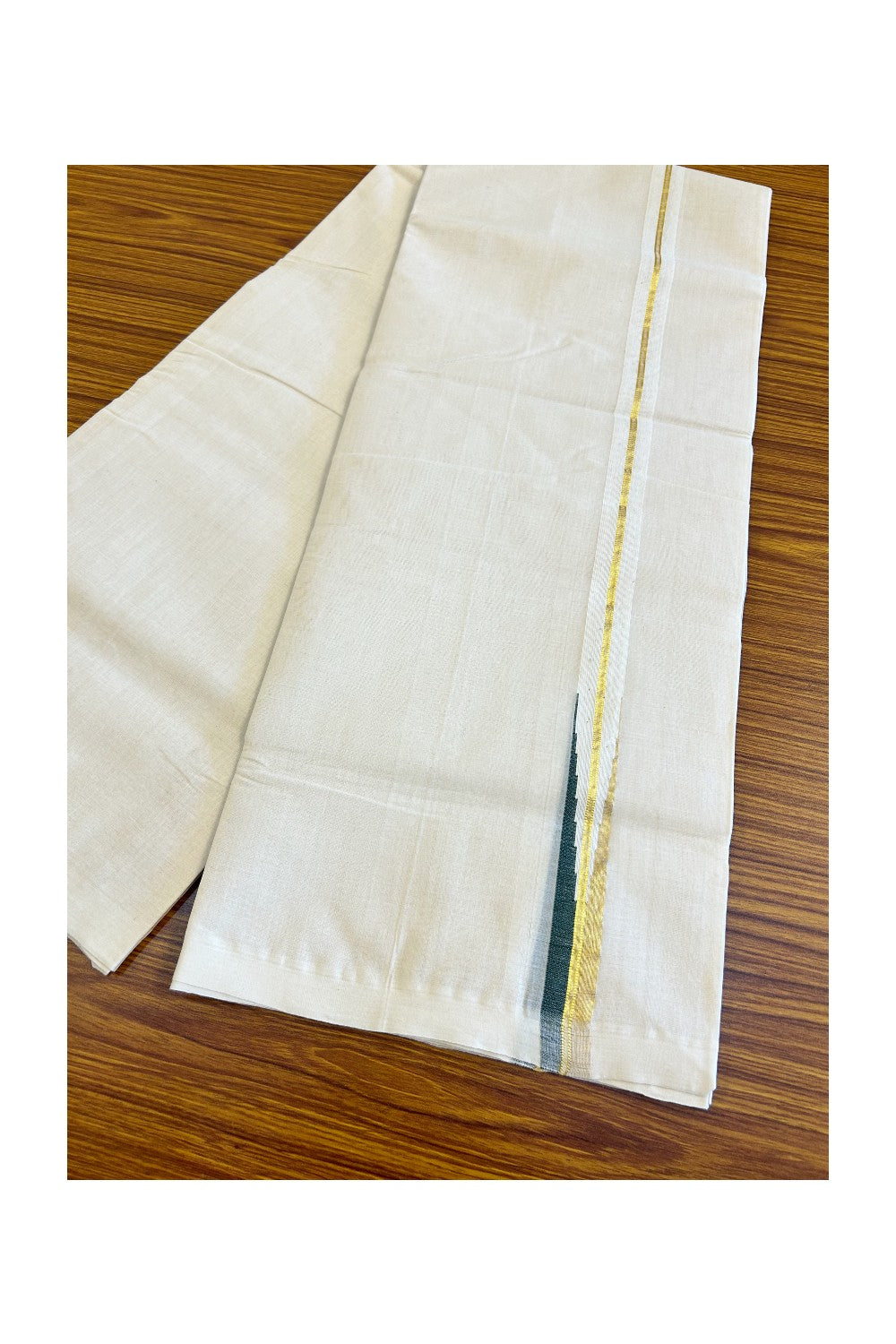 30% DISCOUNT!! KaithariKada HANDLOOM Millpaav Balaramapuram - 100% PURE Cotton OFF White - (Unbleached) Double Mundu/Dothi - 2 cm puliyilakkara Kasavu & Dark green chutty - 18KK476RAM