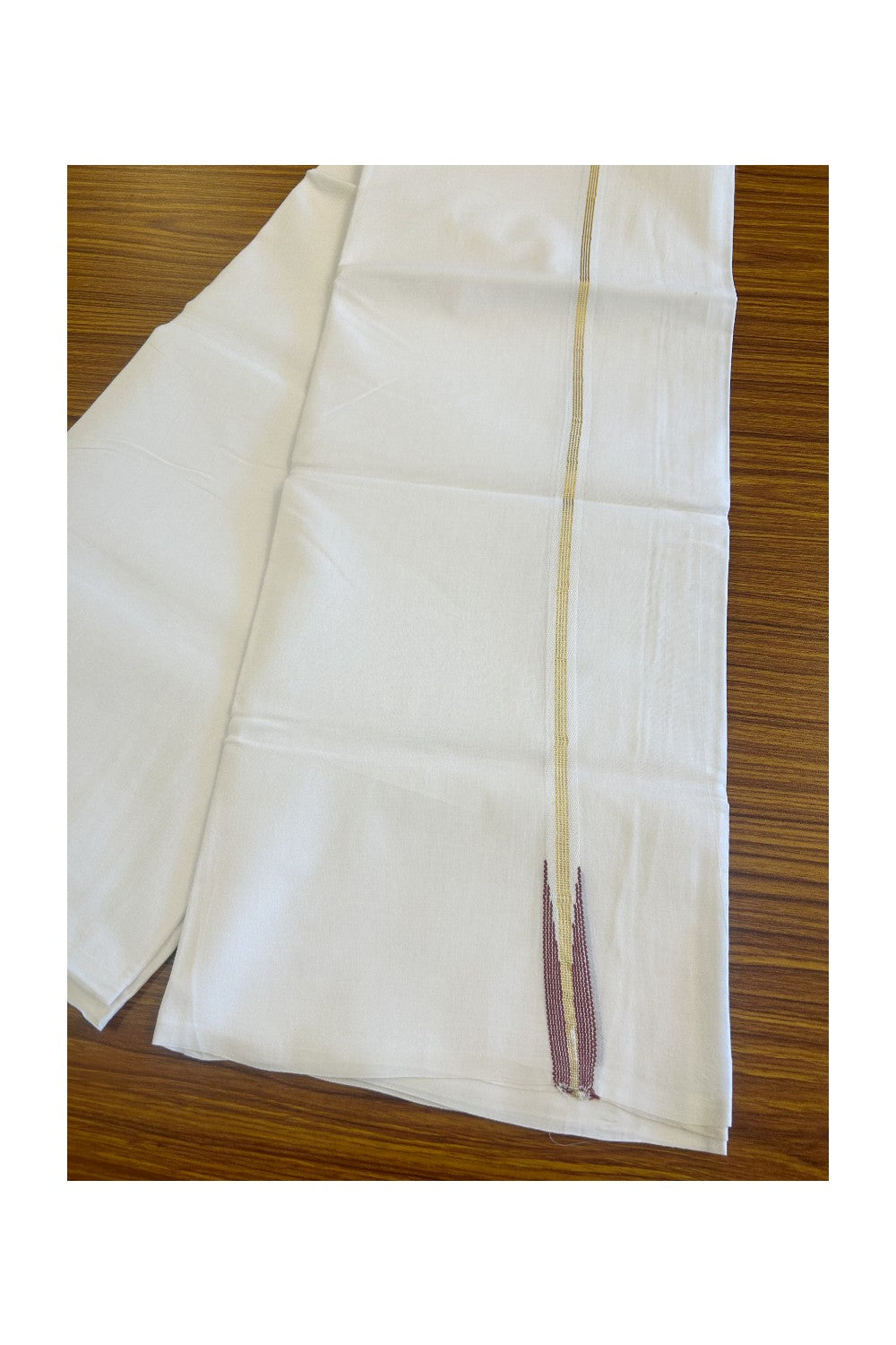 20% DISCOUNT!! KaithariKada Balaramapuram 100% Cotton PURE WHITE Double Mundu/Dhoti-100x100  1.5 cm  Puliyilakkara kasavu 4 line Maroon striped chutty - 18KK481ASH