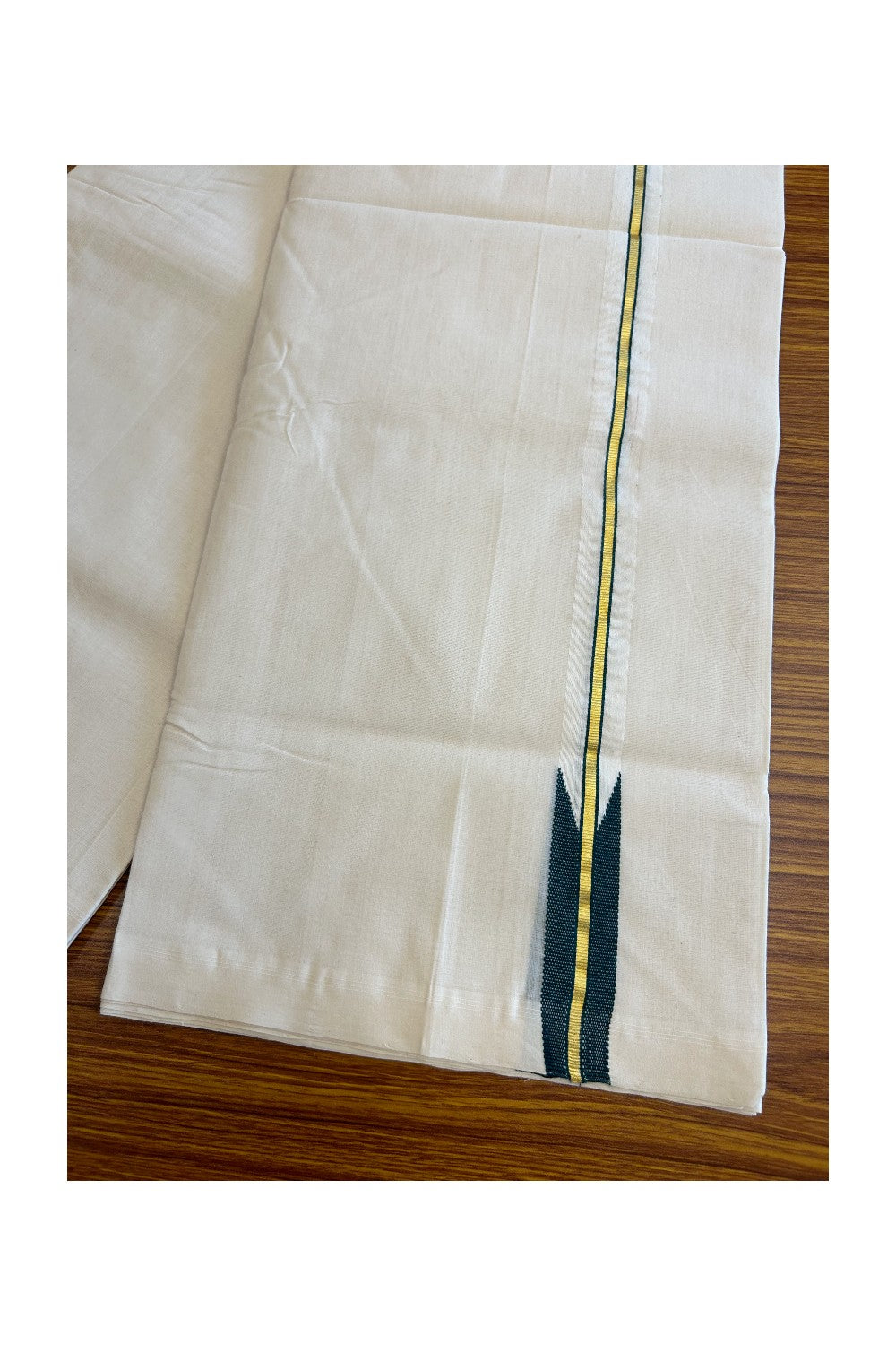 30% DISCOUNT!! KaithariKada HANDLOOM UNAKKUPAAV Balaramapuram - 100% PURE Cotton OFF White - (Unbleached) Double Mundu/Dothi - 1 inch Puliyilakkara Kasavu Green chutty - 18KK5011RAM