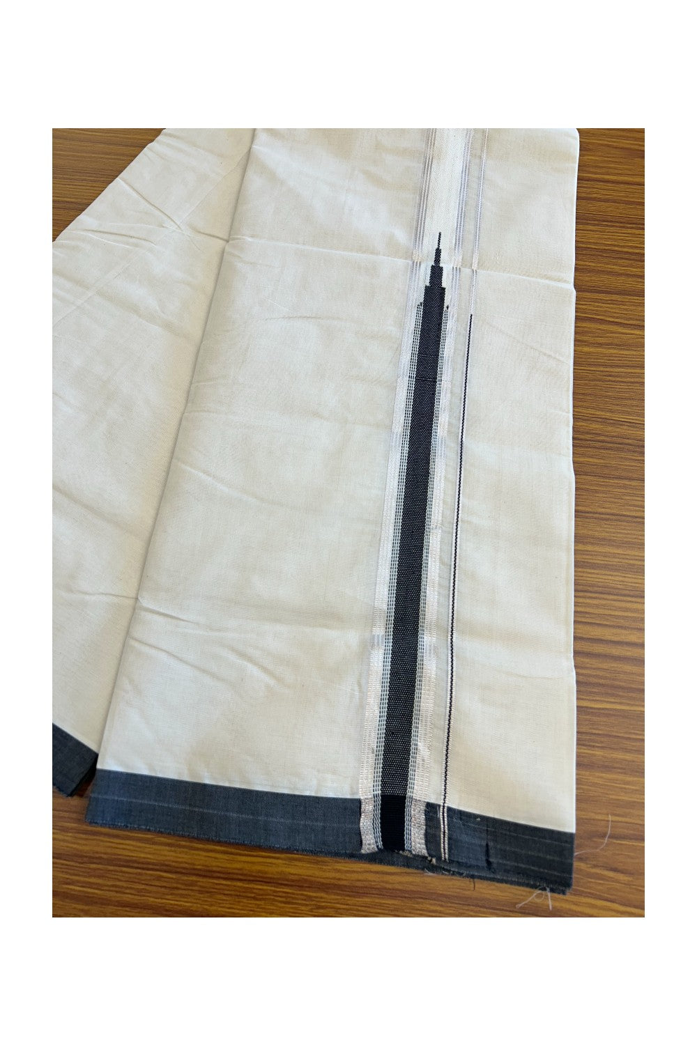 SHORT DHOTI SPECIAL! Kaitharikada.com - 21% Discount !! KaithariKada Balaramapuram 100% Cotton Double Off White - (Unbleached) Mundu/Dhoti-100x100 - 1.25 inch Kara & 46 inches Height Heavy Chutty Black & Silver Kasavu Kara - 5KK5142ASH