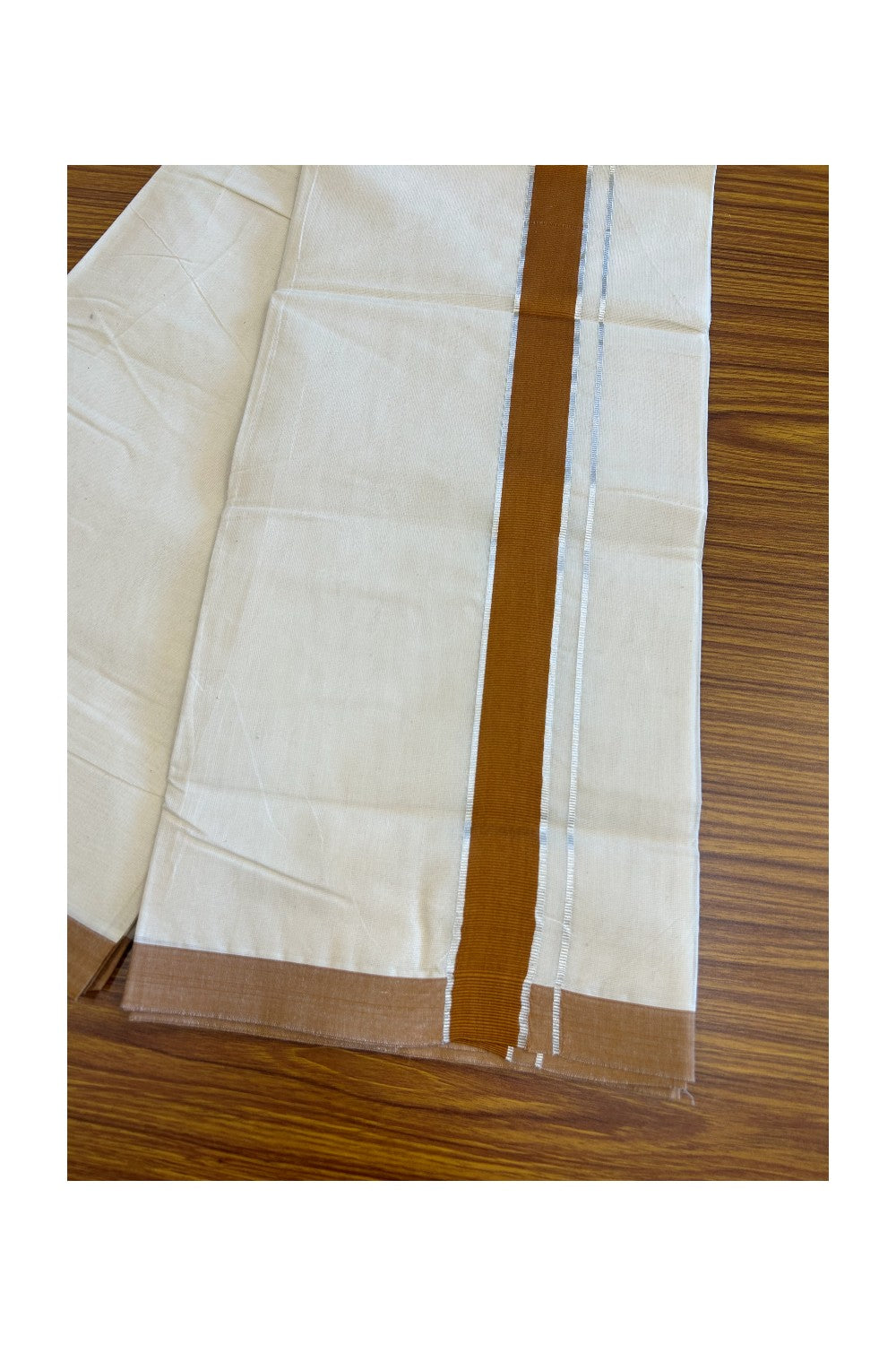 20% Discount KaithariKada Balaramapuram 100% Cotton Double Off white - (Unbleached) - Mundu/Dhoti - 100x80 - 1.75 inch  Silver Kasavu &  Brown Kara (8 Muzham) - 115