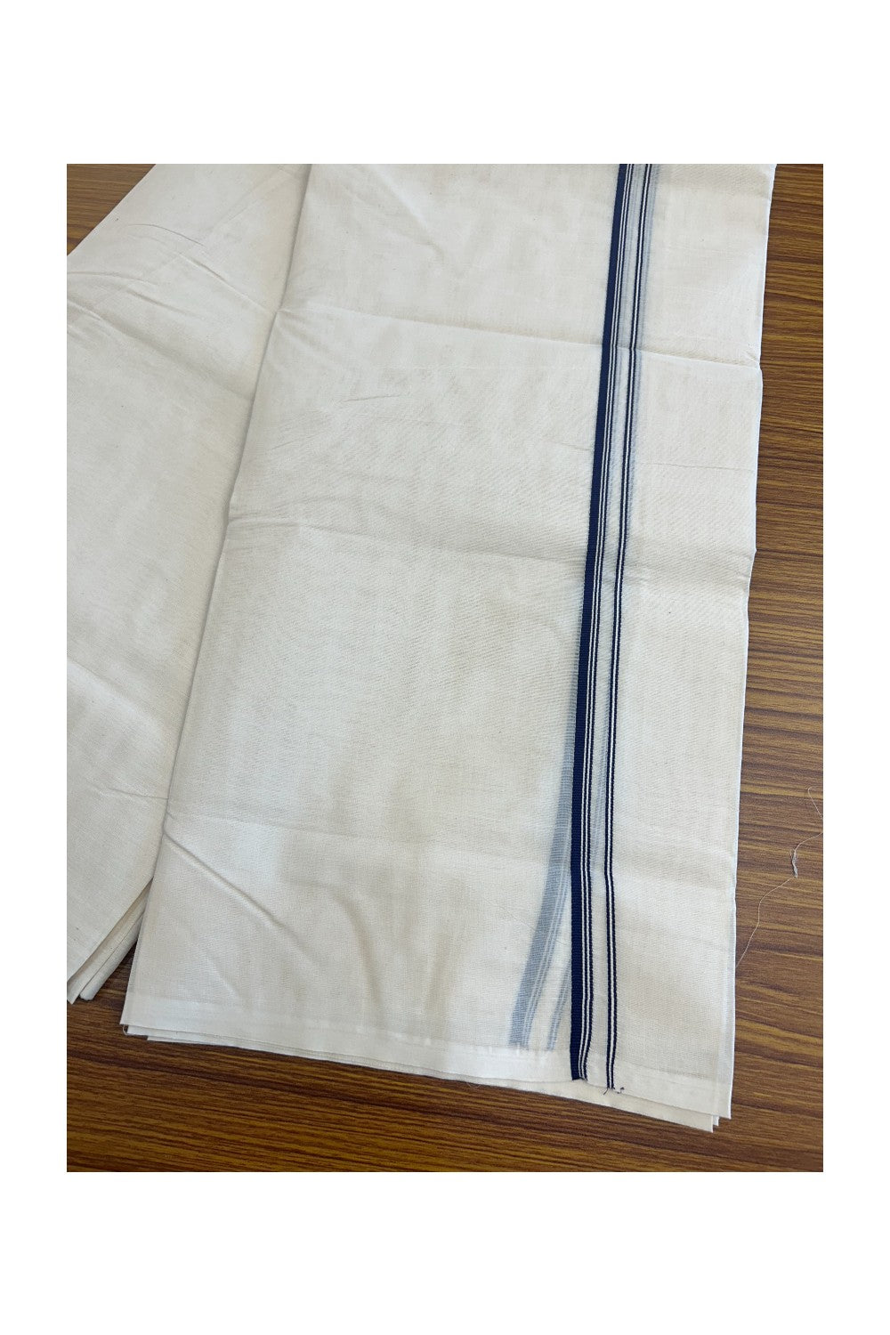 33% DISCOUNT ! KaithariKada Balaramapuram 100% Cotton Double Off white (Unbleached) Mundu/Dhoti-100X100 - NAVY BLUE & STRIPES 2.cm Kara 4 mtr - ASH016.