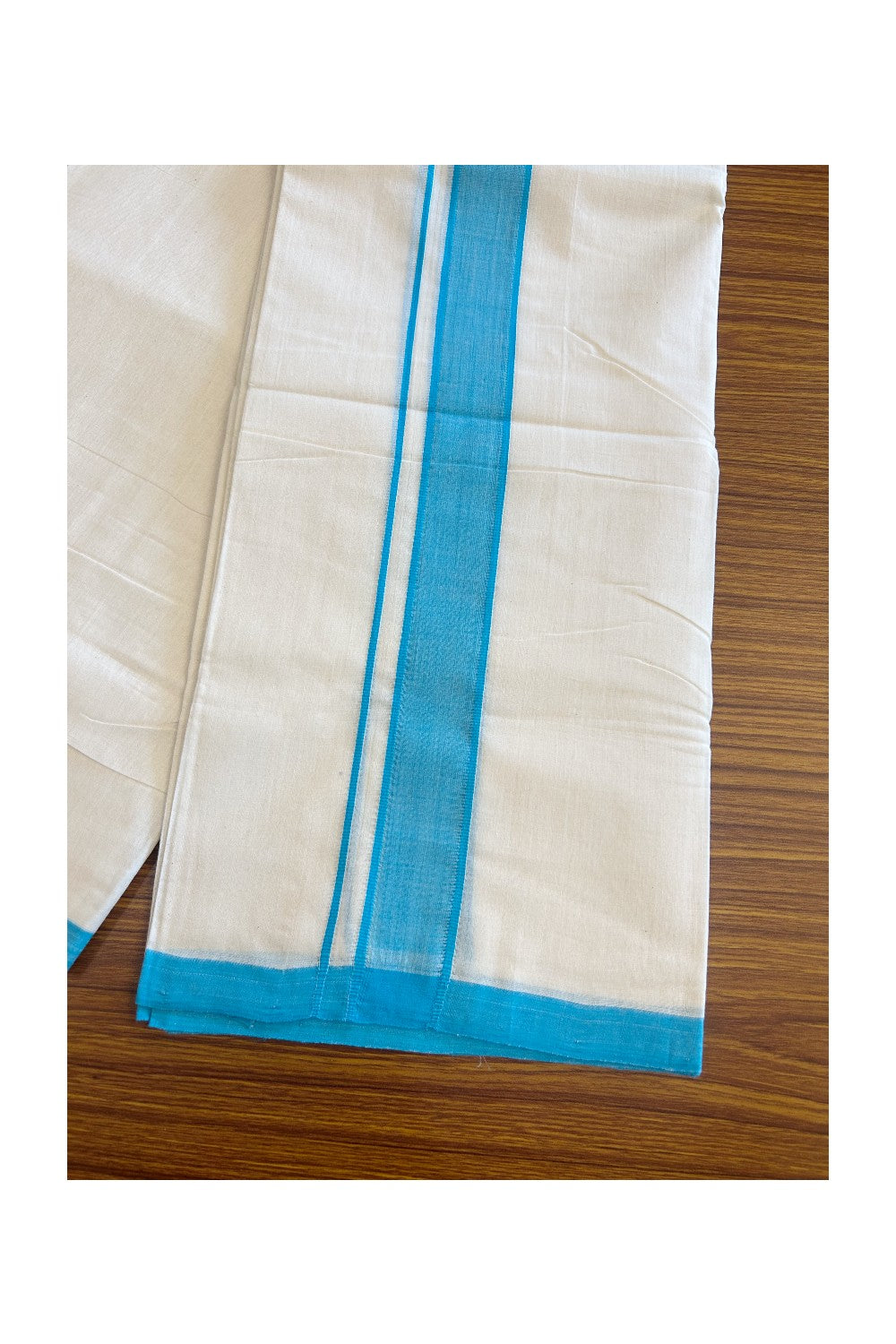 10% DISCOUNT! KaithariKada Balaramapuram  HANDLOOM 100% Cotton Double Off white - (Unbleached) Mundu/Dhoti-100X100- 2  inch SKY BLUE  Kara-60.