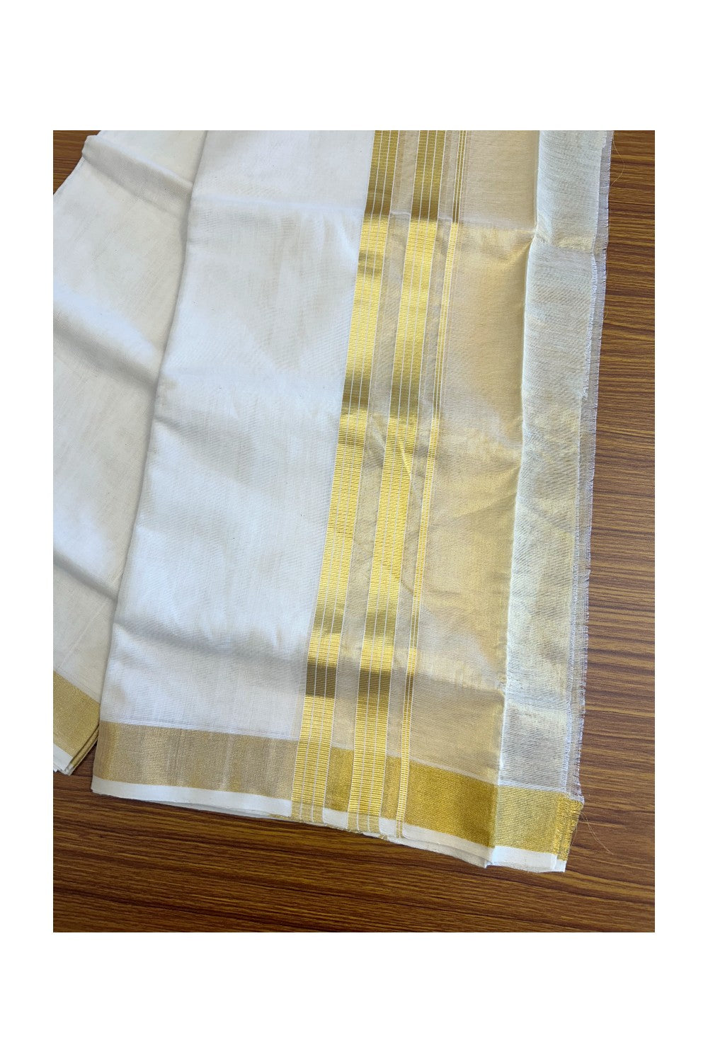 30% DISCOUNT! KaithariKada HANDLOOM Millpaav Balaramapuram - 100% PURE Cotton Off White (Unbleached) -  Double Mundu/Dhoti - Gold Kasavu 7 inch Kara Stripes & Tissue- KAIHM004