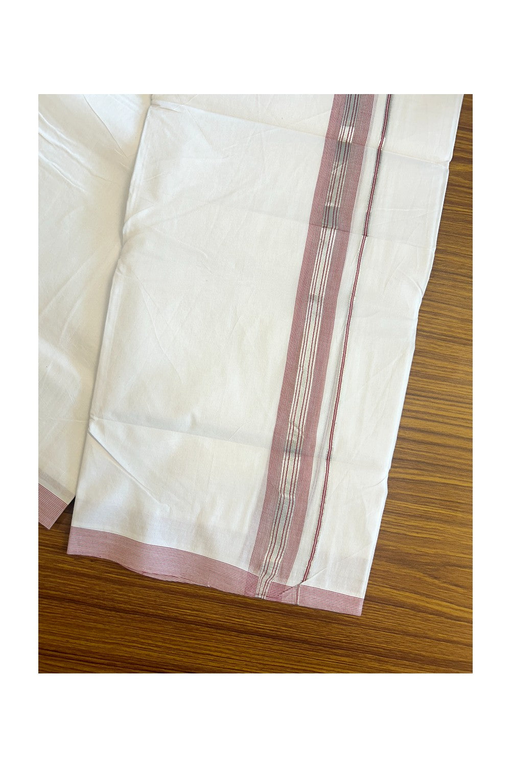 30% Discount KaithariKada HANDLOOM Unakkupaav Balaramapuram - 100% PURE Cotton PURE WHITE - 100x100 Double Mundu/Dhoti - 1.25 inch Light Red & Silver Kasavu Shaded Kara - 18KK5129YAR