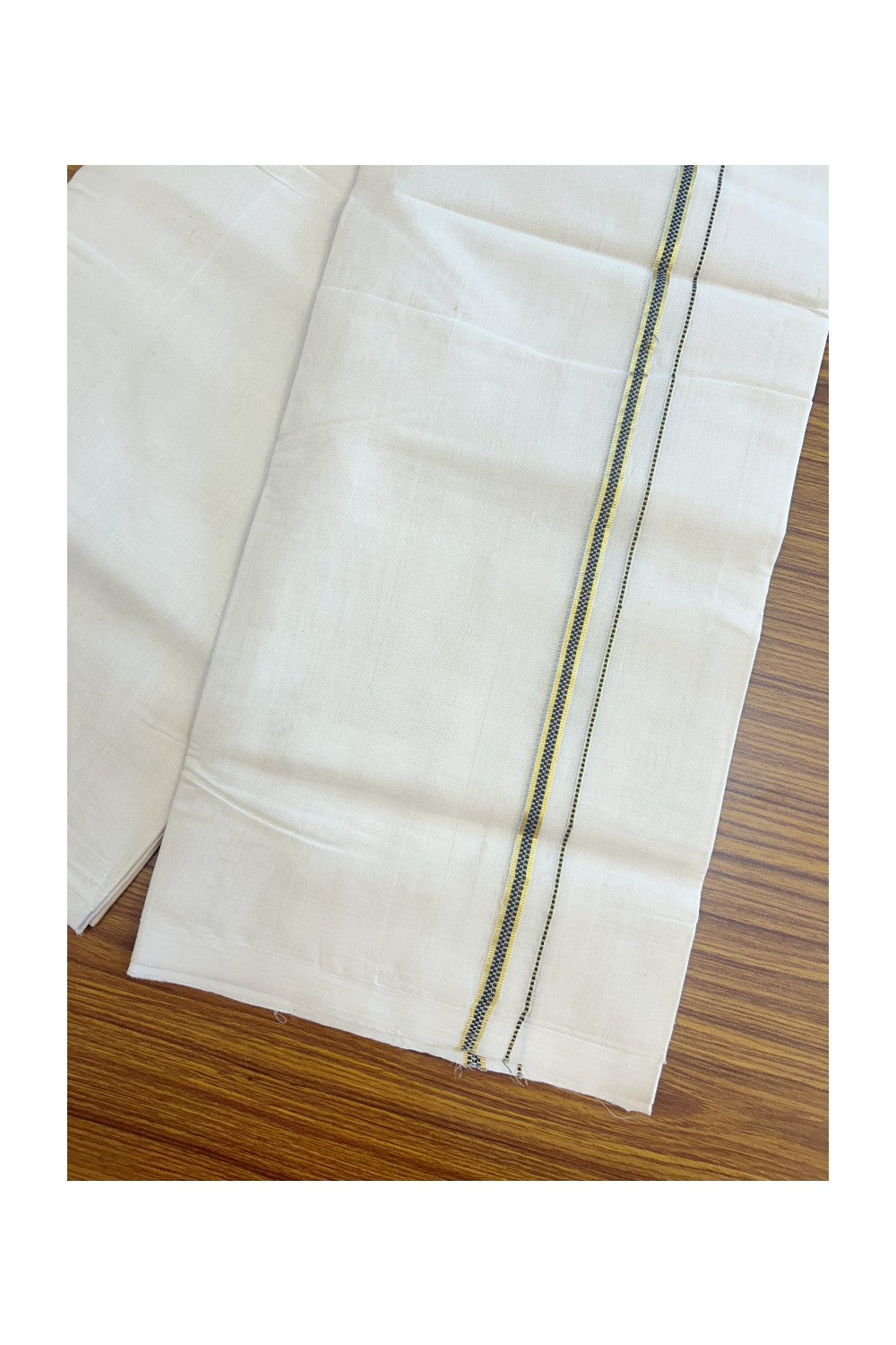 27% DISCOUNT! KaithariKada BALARAMAPURAM HANDLOOM UNAKKUPAAV - 100% PURE Cotton Off white (Unbleached) Double Mundu/Dhoti - 0.25 inch Gold Kasavu & Muthukkuri Deep Blue Kara (8 Muzham) - 6KK5161SOM