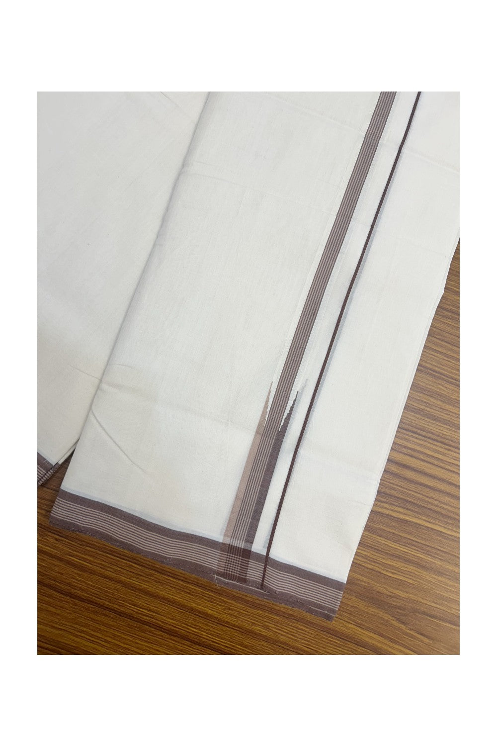 25% DISCOUNT!! KaithariKada HANDLOOM  UNAKKUPAAV Balaramapuram - 100% PURE Cotton OFF White - (Unbleached) Double Mundu/Dothi - 100x100 - Puliyilakkara 2 cm Brown & sand brown striped chutty 3.80 meter (8.5 Muzham) - 11KK5167REA
