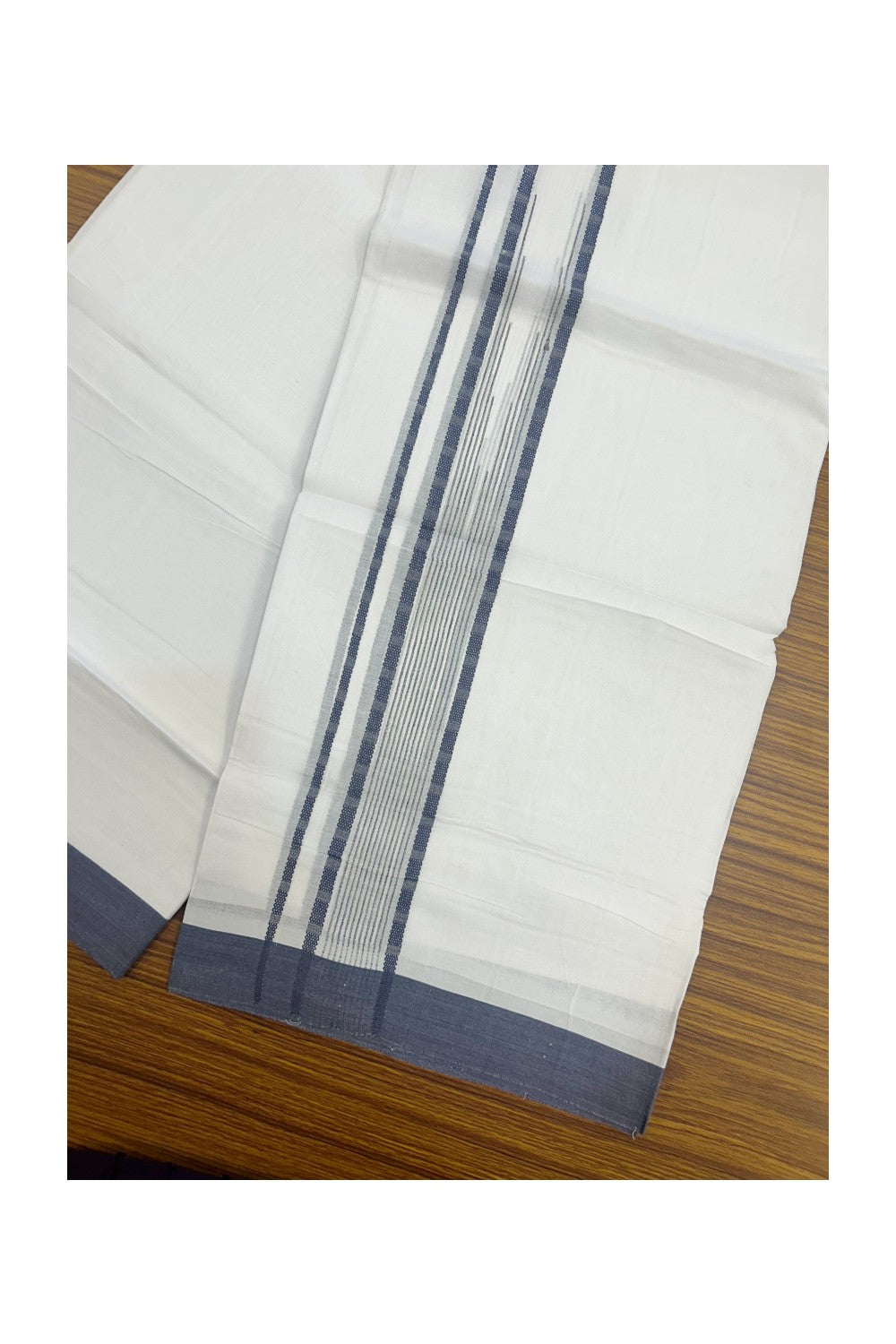 20% DISCOUNT! KaithariKada Balaramapuram DOUBLE PURE WHITE 100% Cotton Mundu/Dhoti - 100x80 - 1.5 inch Dark Blue Putta Design Chutty Kara - 18KK5174THI