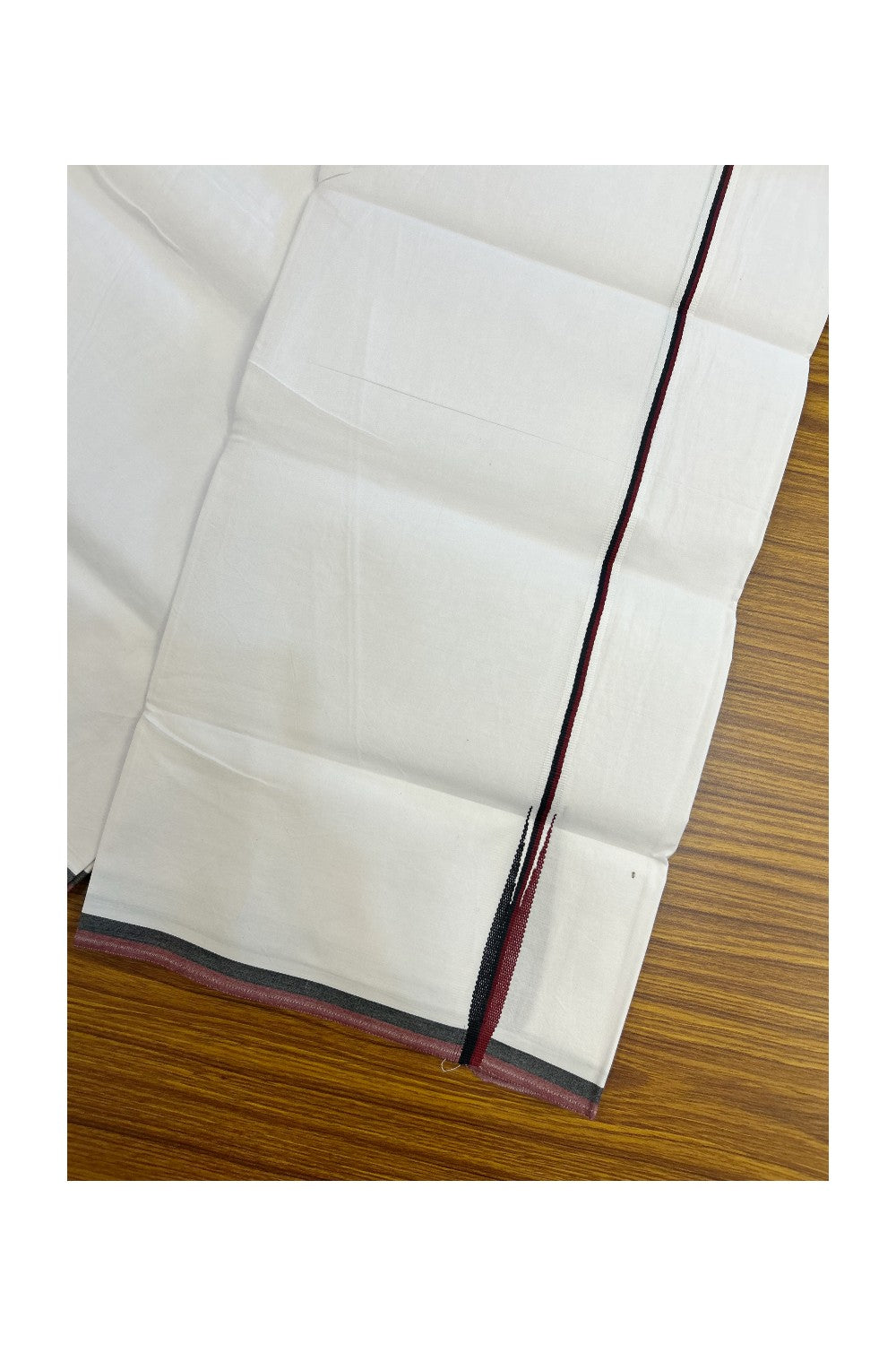 DMK Veshti - 20% Discount !! KaithariKada Balaramapuram PURE WHITE SINGLE Mundu/Dhoti - 100X100 - Puliyilakkara 0.25 inch Maroon & Black Thin Chutty Kara (2 meter / 4 muzham) - 17KK5224 ASH