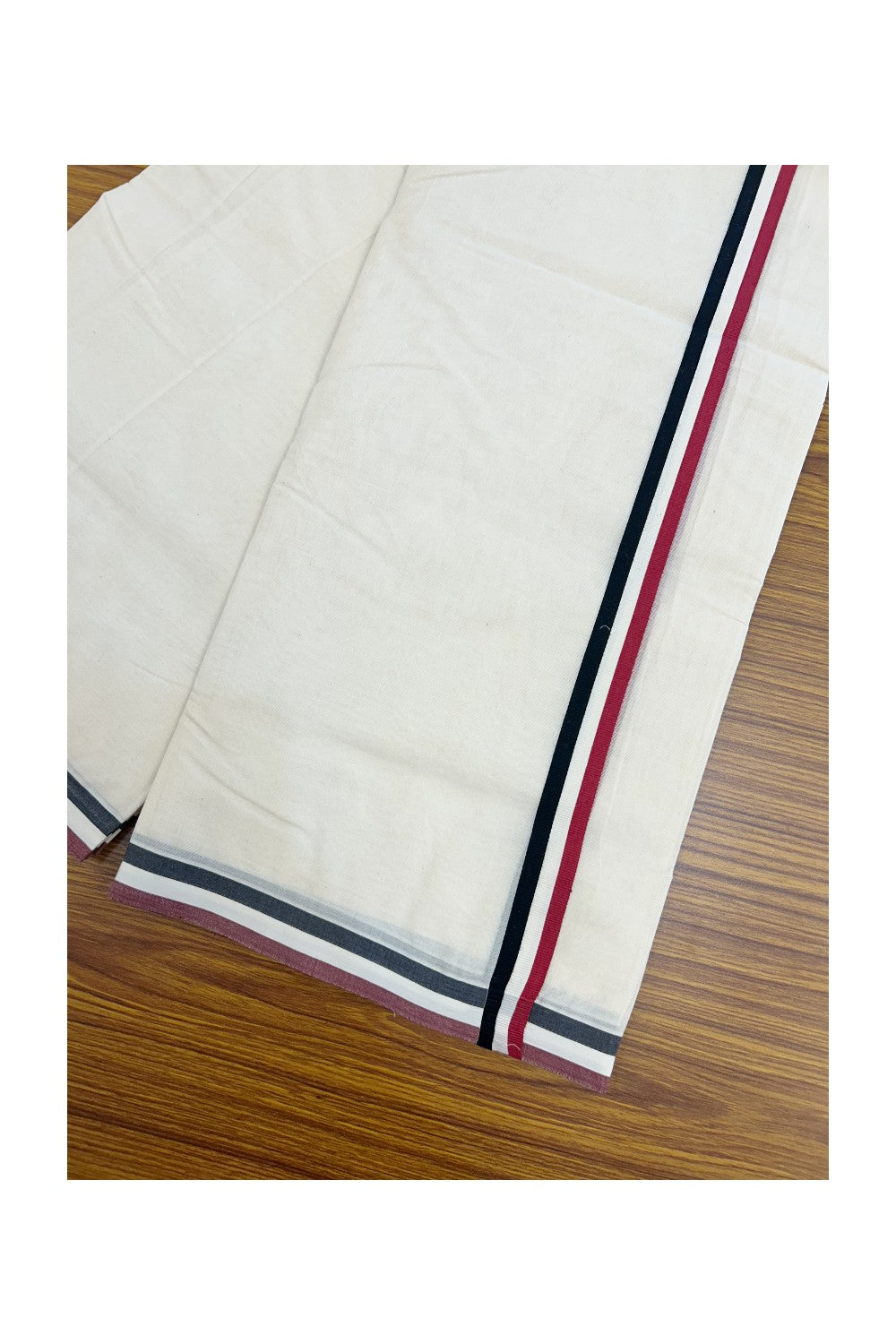 ADMK VESHTI - 20% DISCOUNT! KaithariKada 100% Cotton off white Double - (Unbleached) Mundu/Dhoti - 100X100 - 1 inch Black White & Maroon Red kara - 18KK5226 ASH