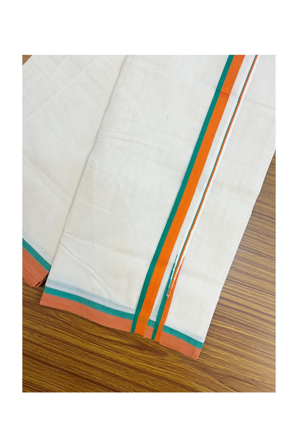 BJP VESHTI - 20% DISCOUNT! KaithariKada 100% Cotton off white Double - (Unbleached) Mundu/Dhoti - 100X80 - 0.75 inch Puliyilakkara Orange & Green Chutty Kara - 4mtr (8.5 muzham) - 18KK5238 ASH