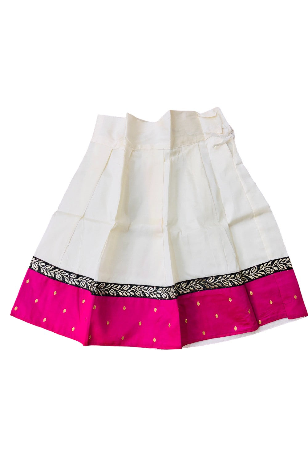 Midukki-Traditional South Indian Kids Pattu Pavada- Pink top offwhite skirt with leaf border design- Age 2 - KK2MID0018