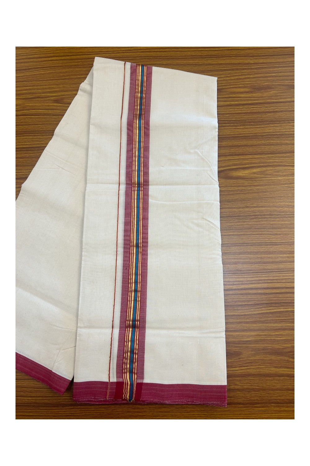 31% DISCOUNT!! KaithariKada HANDLOOM Millpaav Balaramapuram - 100% PURE Cotton OFF White Double - (Unbleached) Mundu/Dothi - 1.75 Inch Gold Peacock Blue Kasav Red kara - 18kk5153RAM
